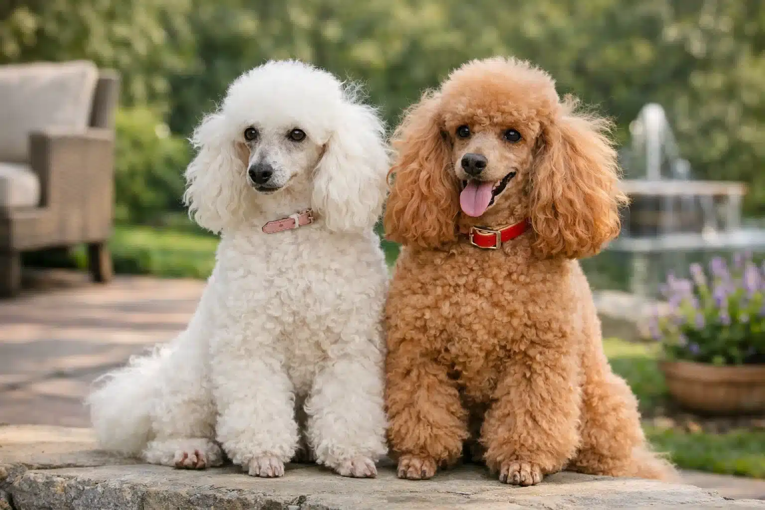 White and apricot Toy and Miniature Poodles sitting together in garden near fountain