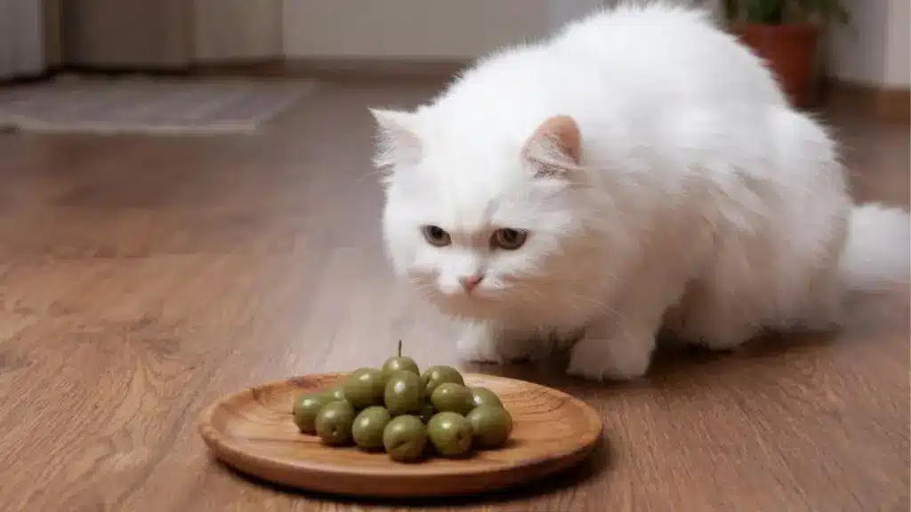 White cat curiously sniffing green olives on a wooden plate on the floor, showing feline curiosity toward olives