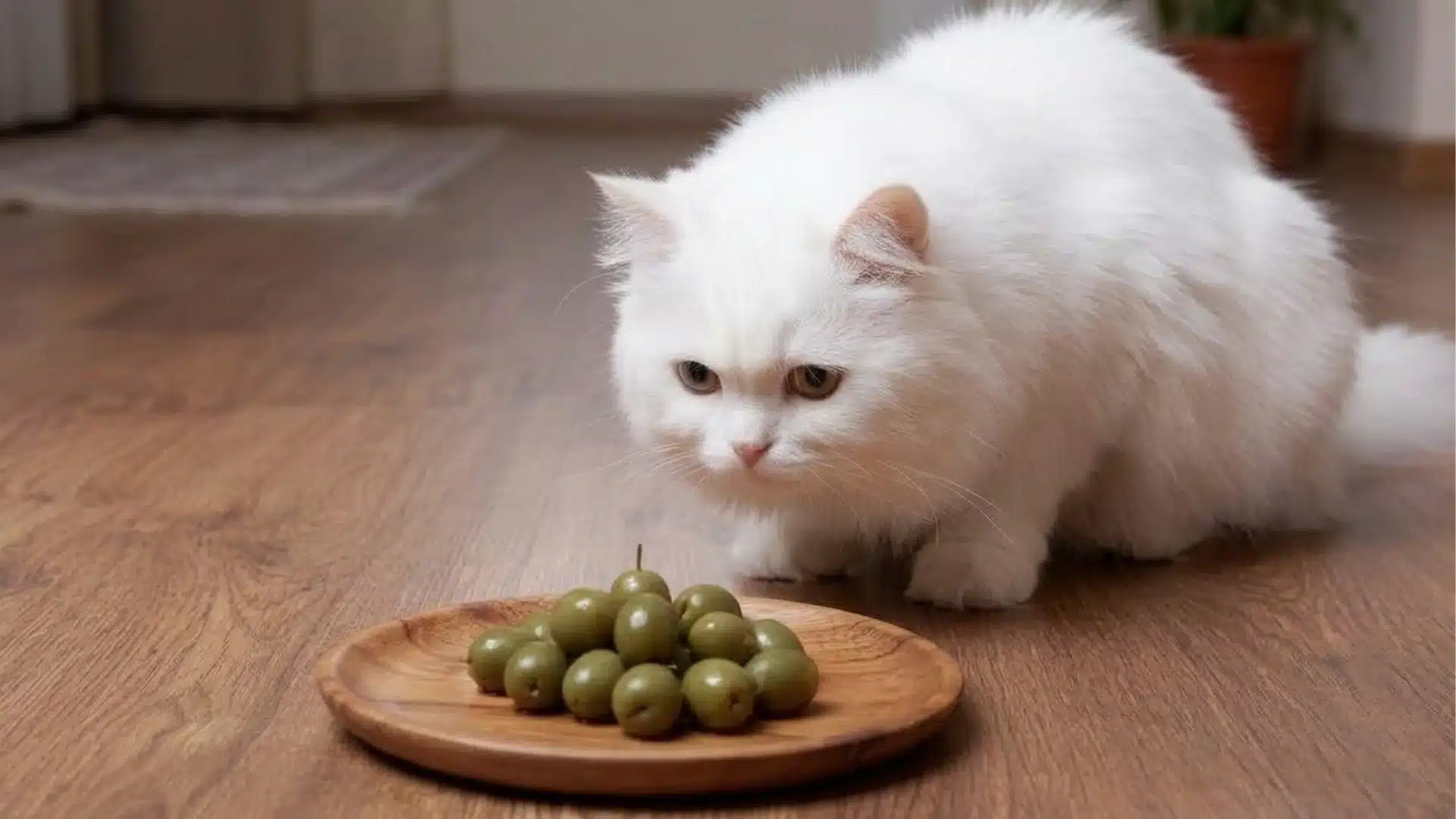 White cat curiously sniffing green olives on a wooden plate on the floor, showing feline curiosity toward olives