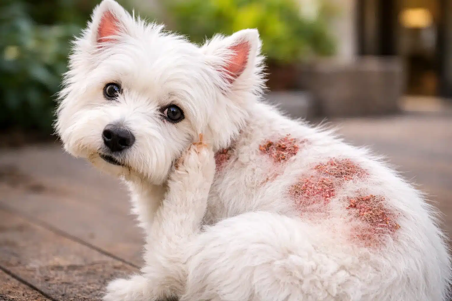 White dog scratching irritated skin with visible red rash patches on its back outdoors