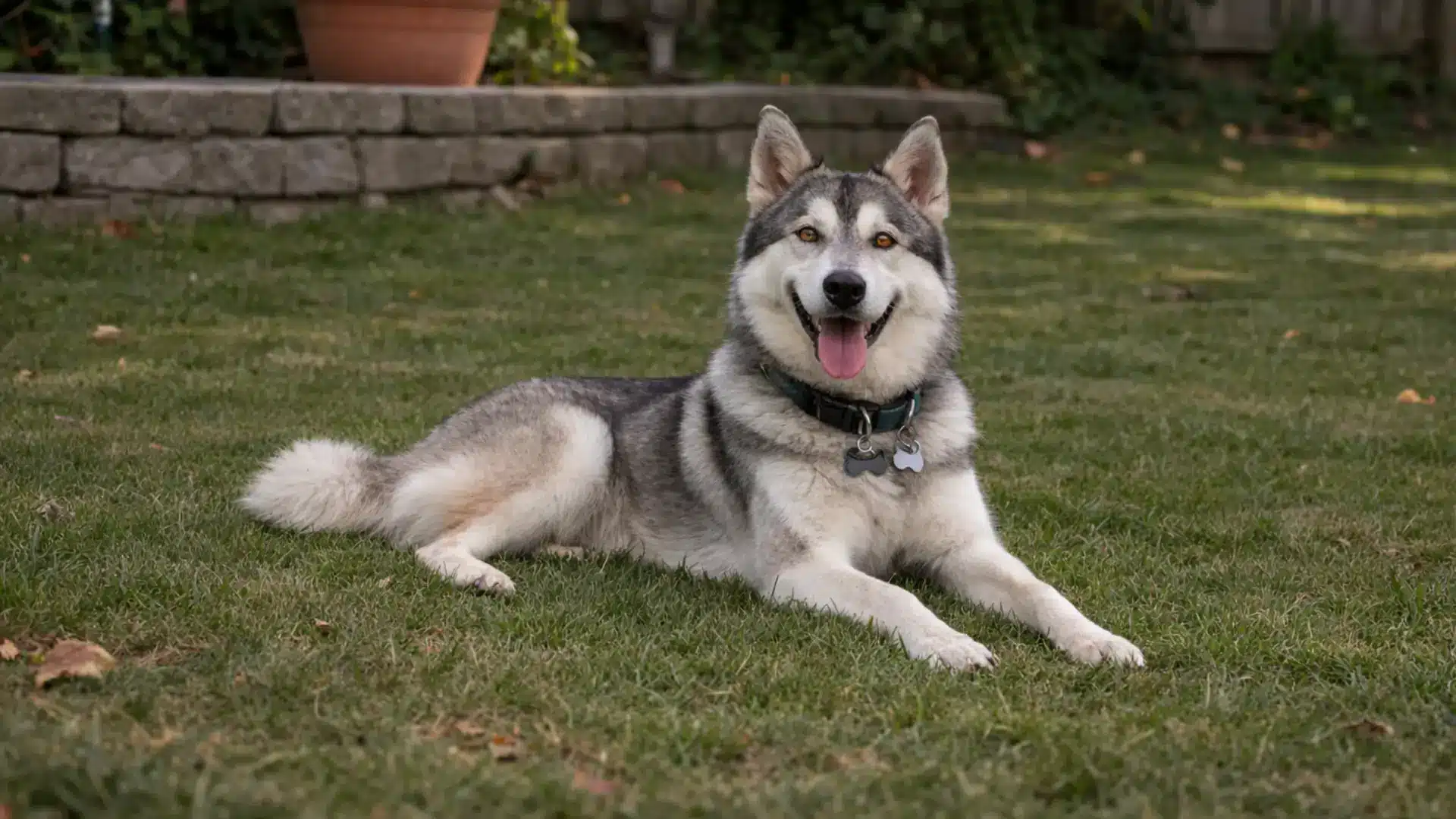 Wolf hybrid dog lying on green lawn in backyard with tongue out wearing collar and tags