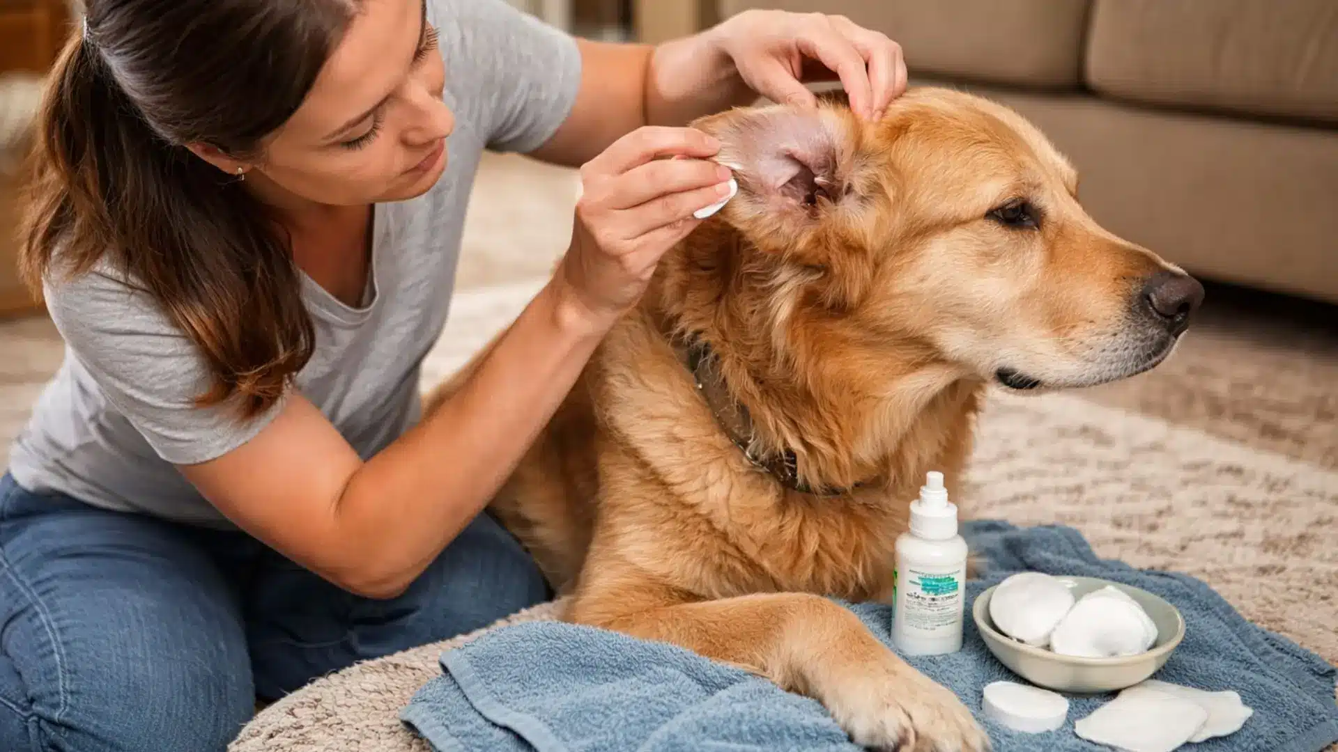 Woman cleaning a golden retriever ear with cotton pads and solution at home, showing how to treat dog ear infection without vet