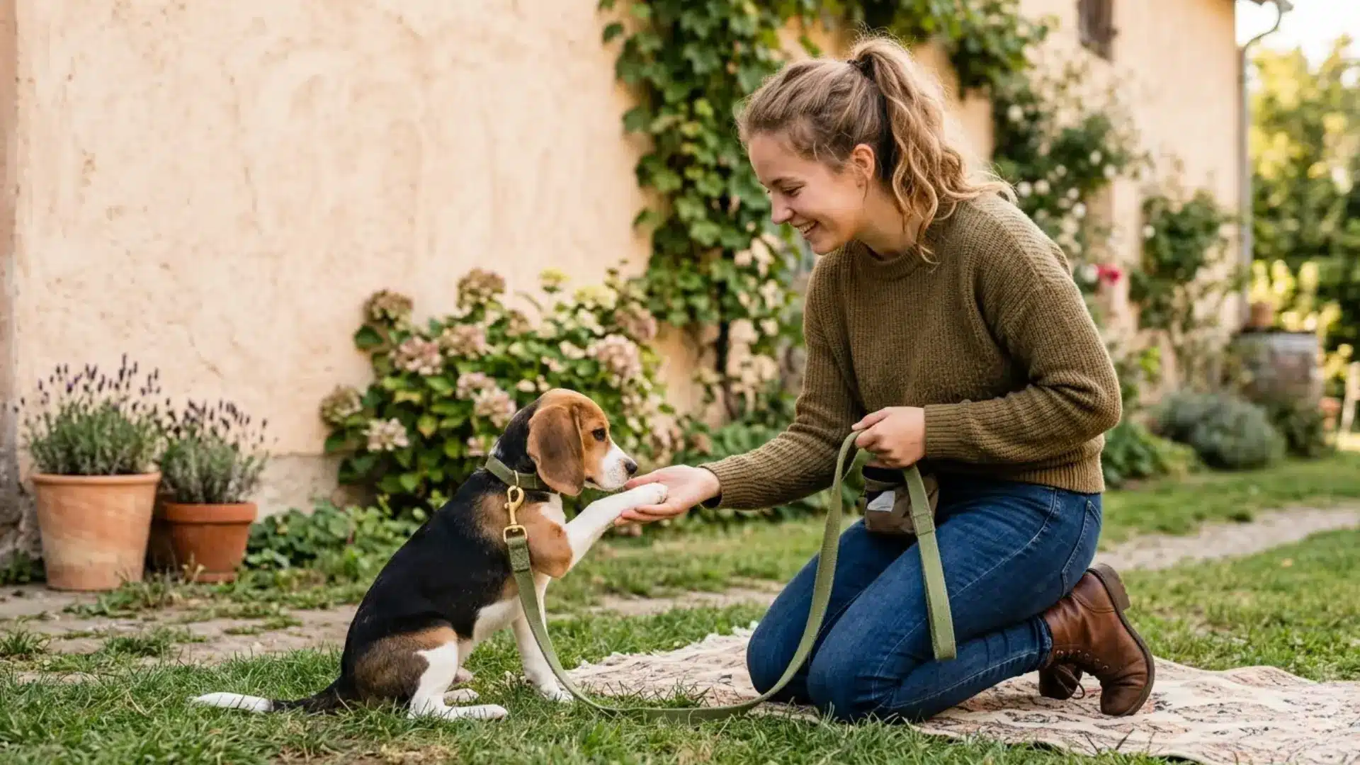 Woman kneeling in garden training beagle on leash, giving paw during calm outdoor training session