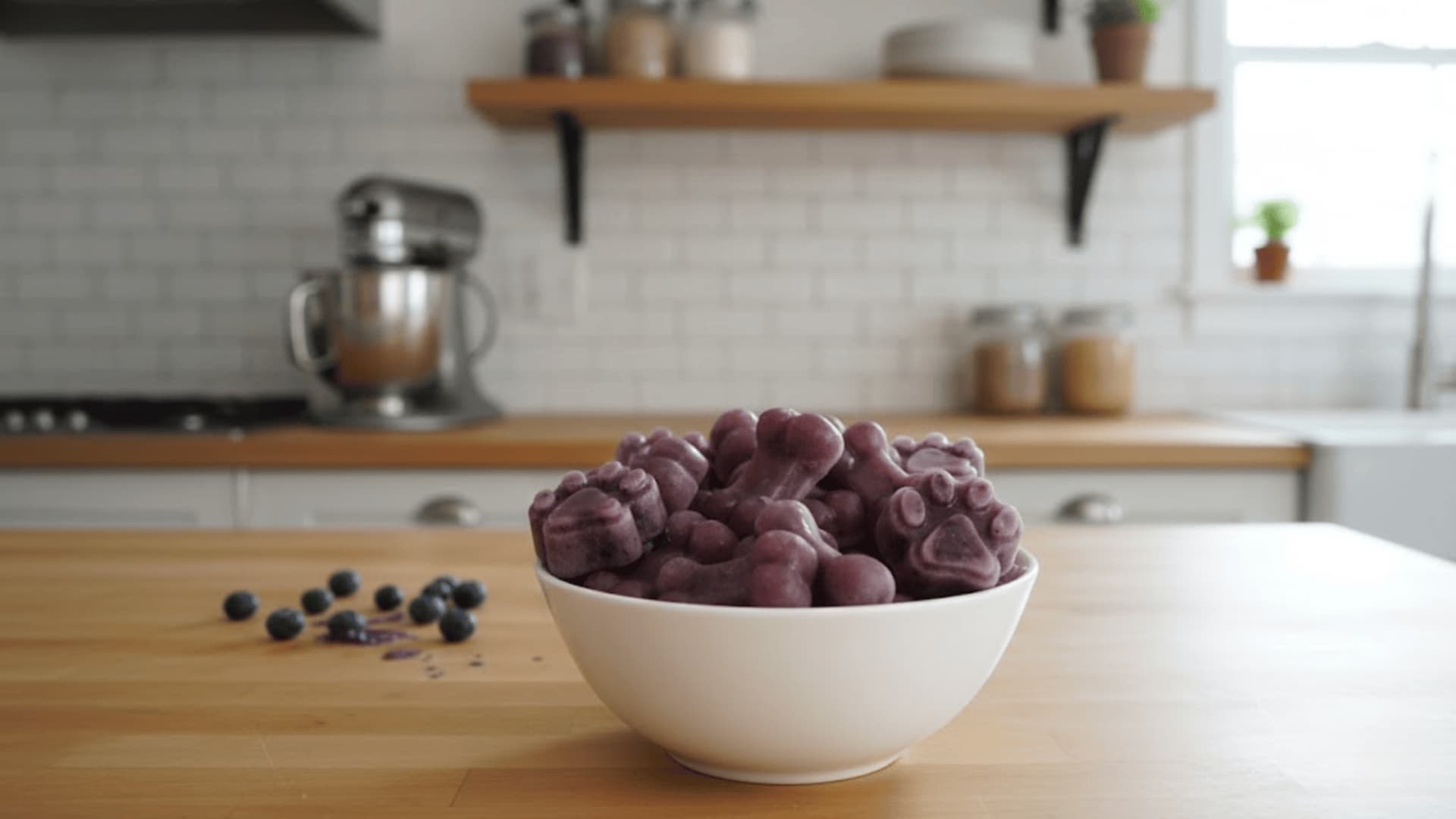 a white bowl filled with purple, frozen dog treats shaped like paws and bones (1)