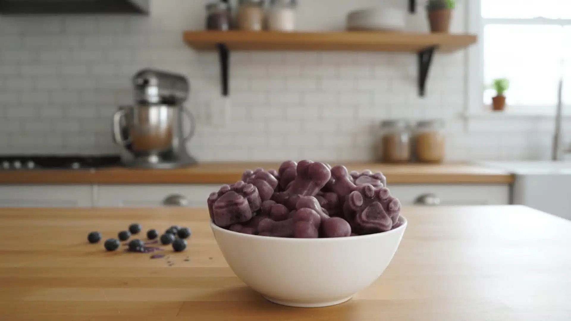 a white bowl filled with purple, frozen dog treats shaped like paws and bones (1)