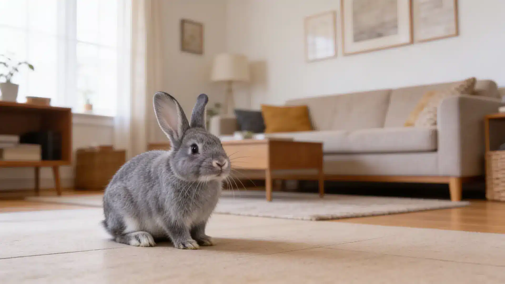 american chinchilla rabbit sitting on a living room floor with sofa, coffee table, and soft daylight from a nearby window.