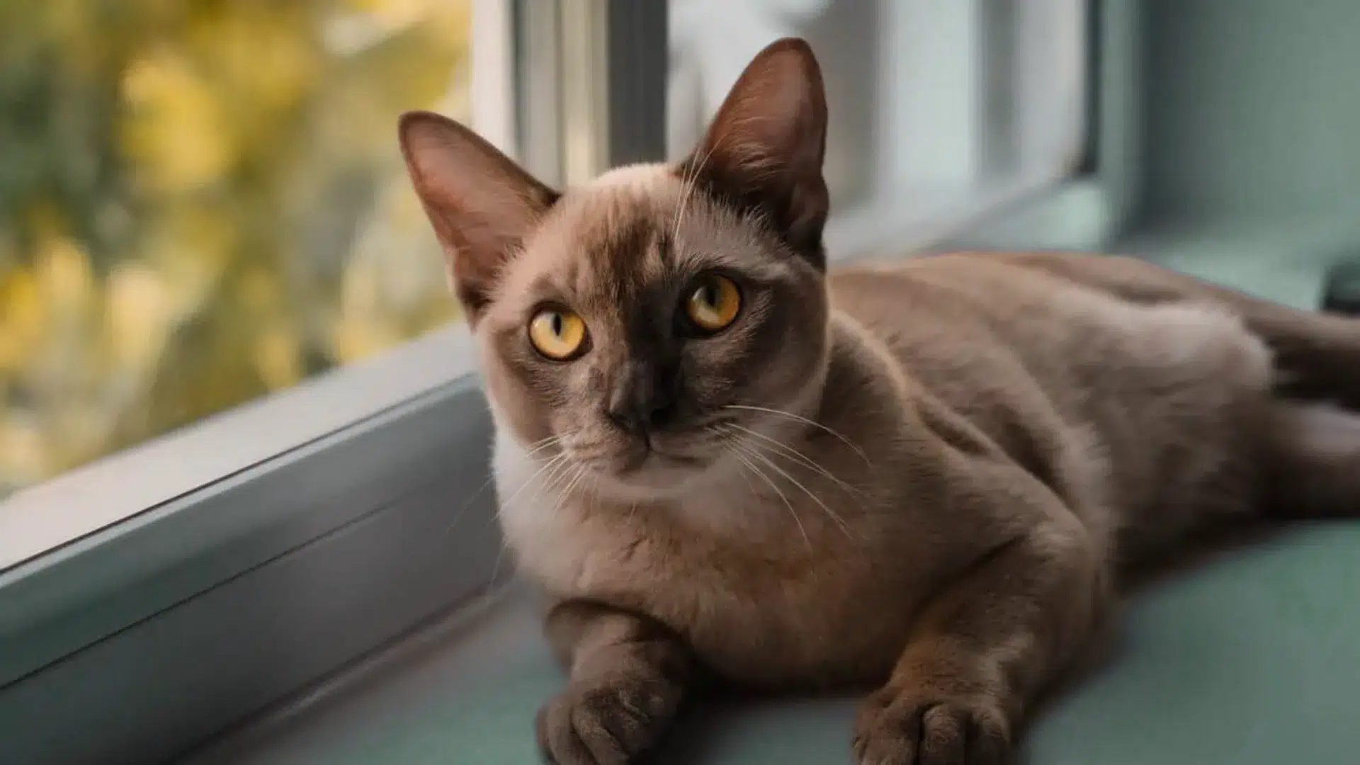 burmese cat with hazel eyes sitting besides the window