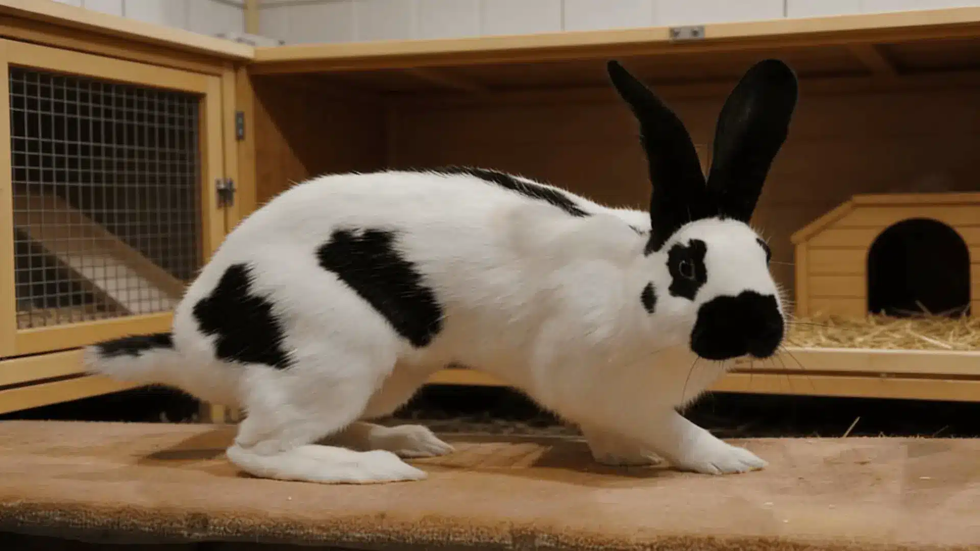 checkered giant rabbit standing inside a wooden rabbit hutch with hay bedding and small shelter box.