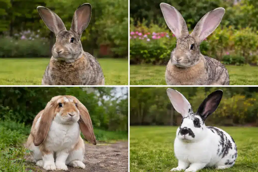 collage of 4 types of large breed rabbits