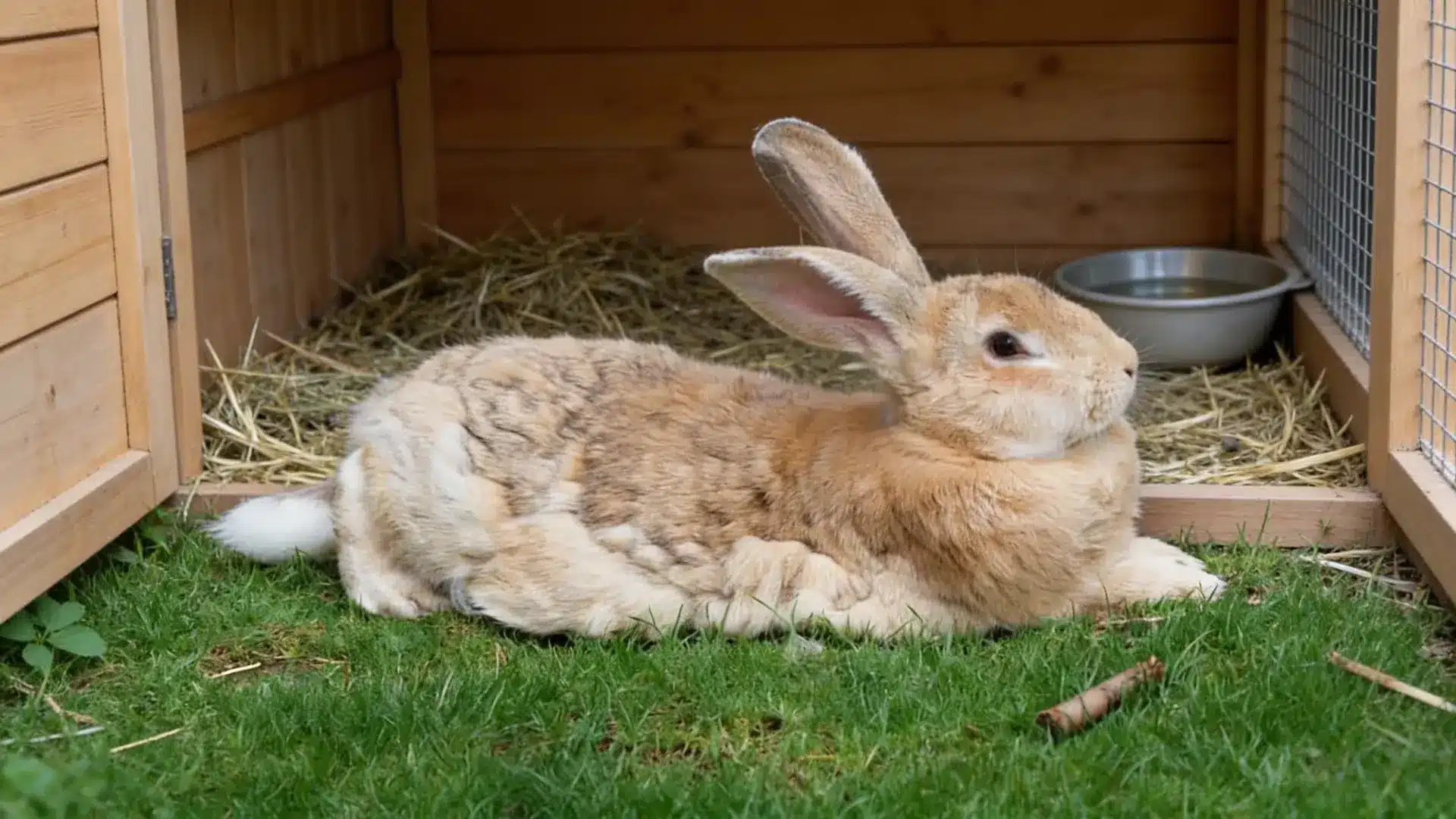 flemish giant rabbit resting on grass outside a wooden rabbit hutch with hay bedding and water bowl nearby.
