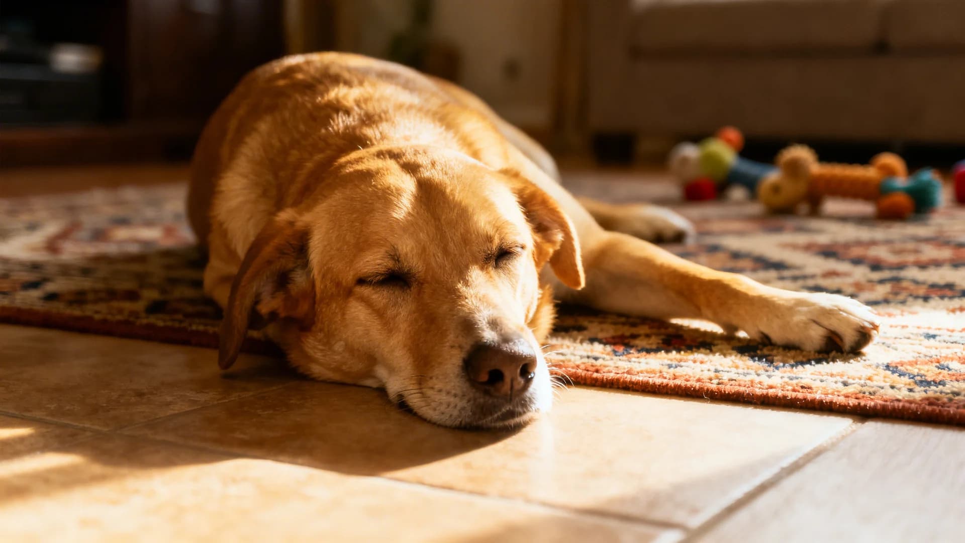 golden retriever lying on the floor gently, relaxed cozy home environment