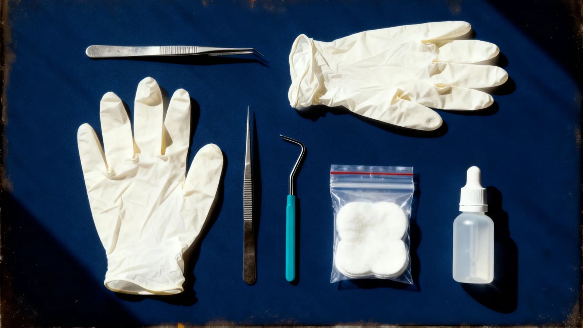 tick removal tools including fine-tip tweezers, tick removal hook, disposable gloves, antiseptic bottle, cotton pads, and a small zip lock bag, clean background