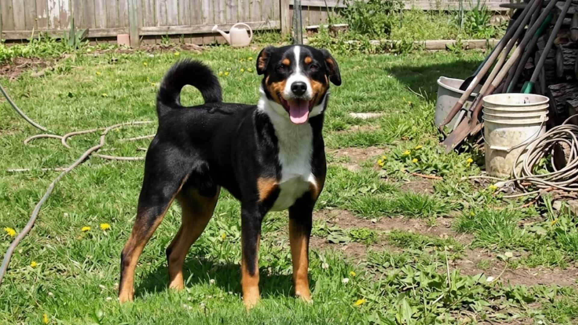 A Appenzeller Sennenhund in a green lawn with its tail curled over its back