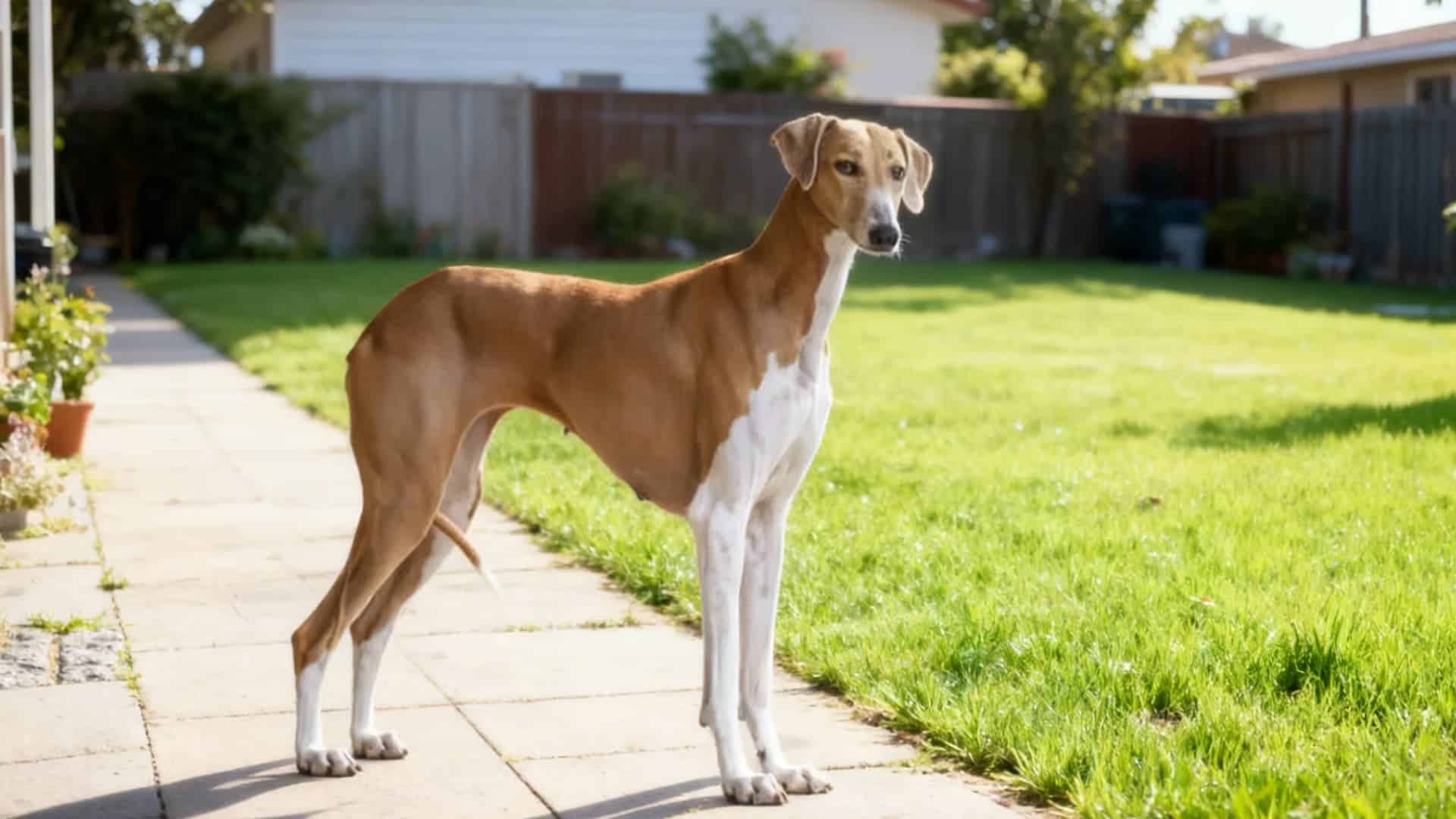 A Azawakh Dog stands in a green lawn with its tail curled over its back
