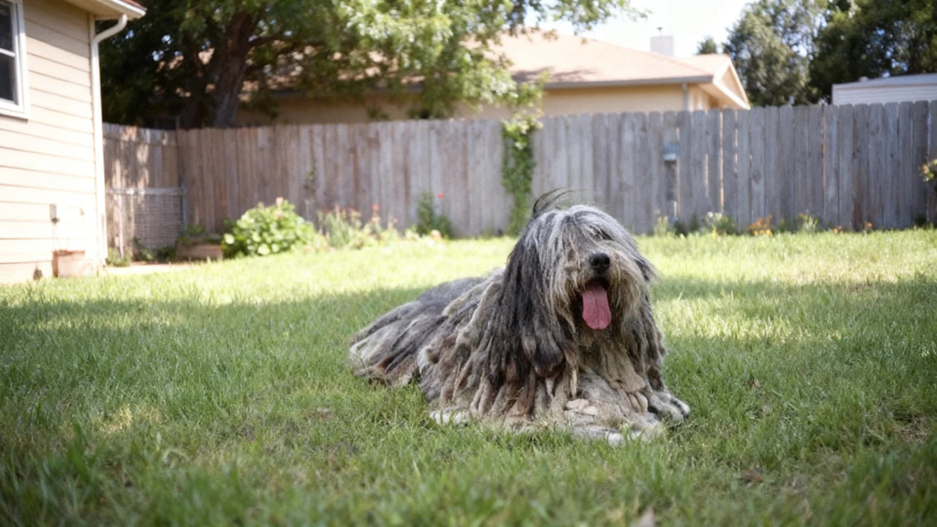 A Bergamasco Shepherdsits in a green lawn with its tail curled over its back