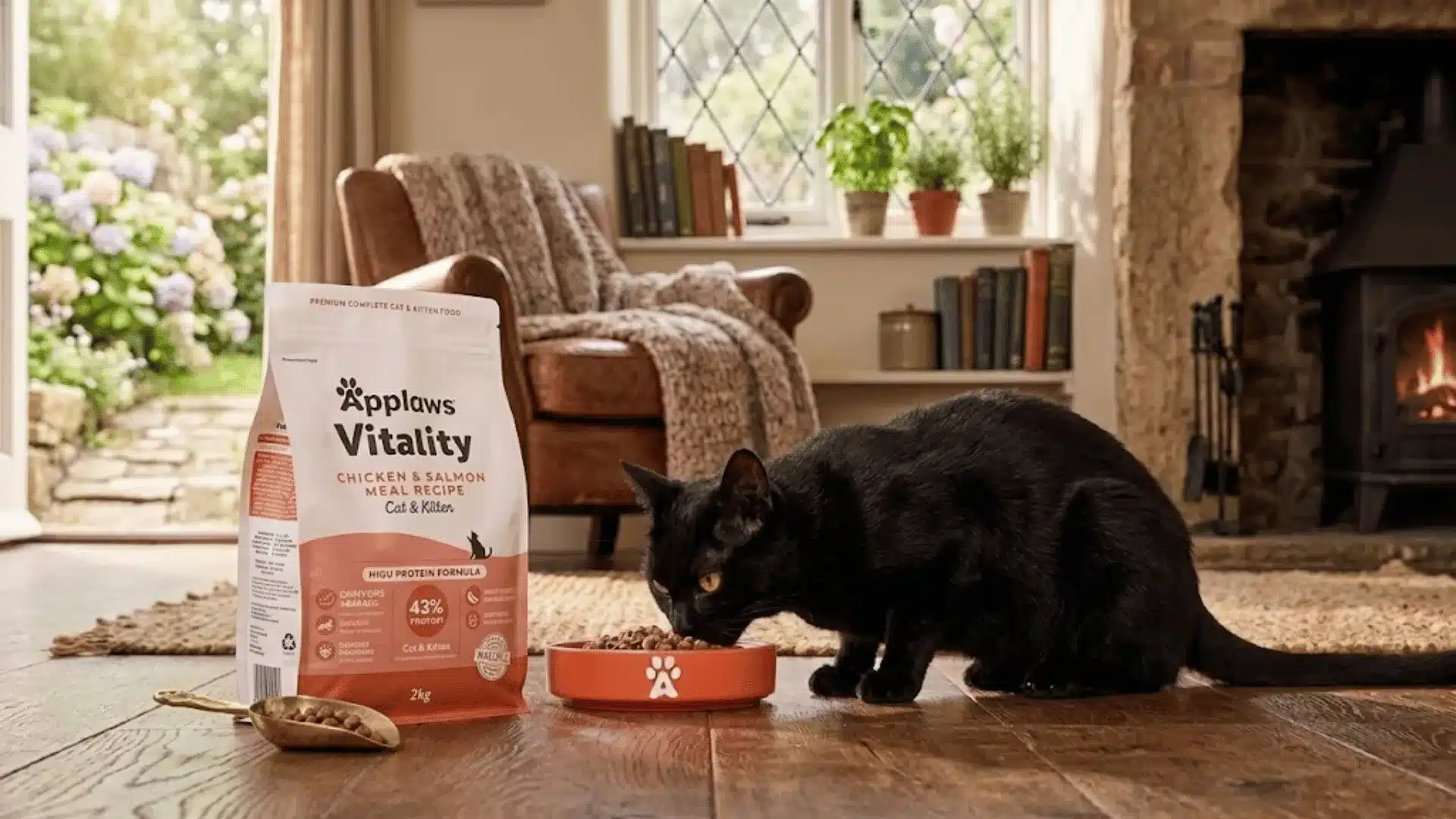 A black cat eats from a bowl next to a bag of Applaws Vitality cat food in a cozy living room.