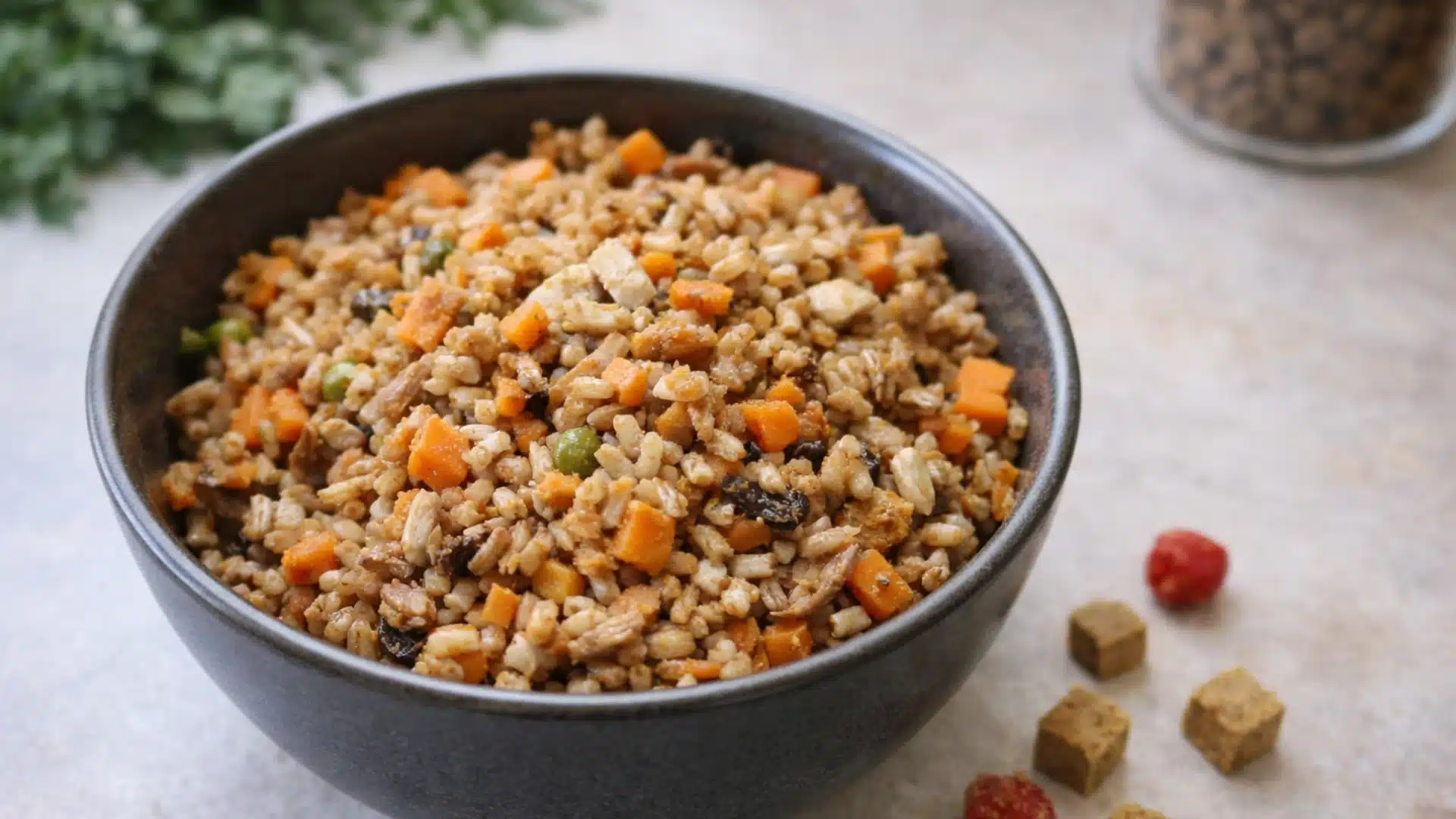 A blend of brown rice, diced carrots, and peas served in a dark ceramic bowl