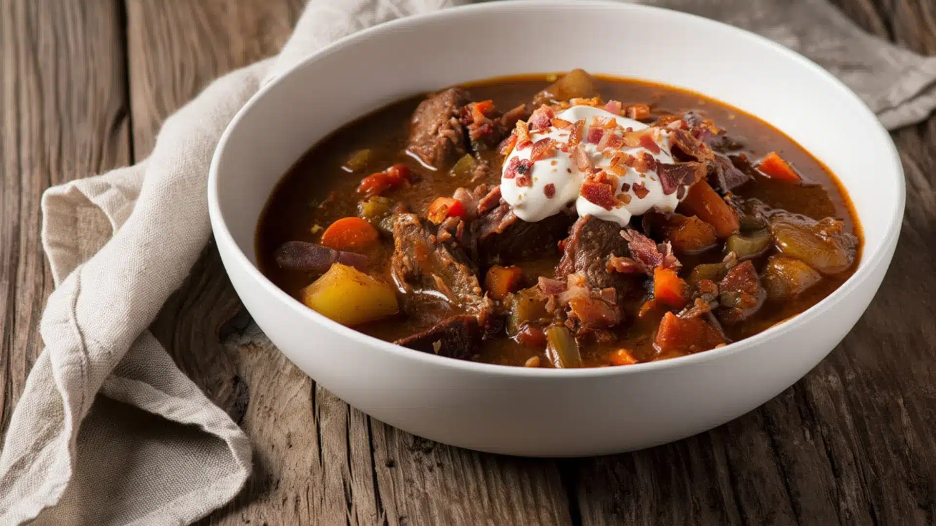 A bowl of hearty beef stew with carrots and potatoes, topped with sour cream and bacon bits on a rustic wooden table