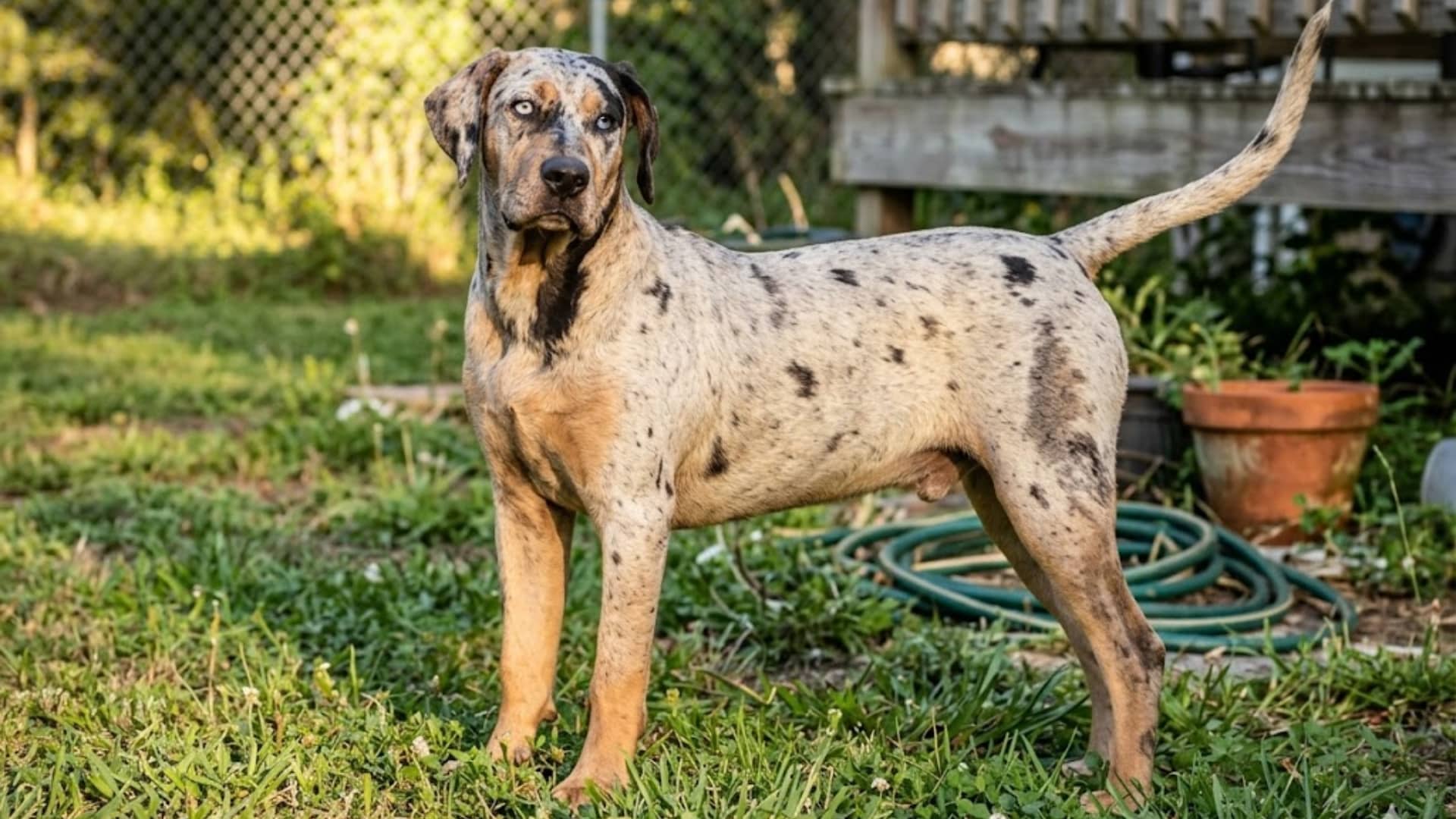 A Catahoula Leopard Dog sits in a green lawn with its tail curled over its back