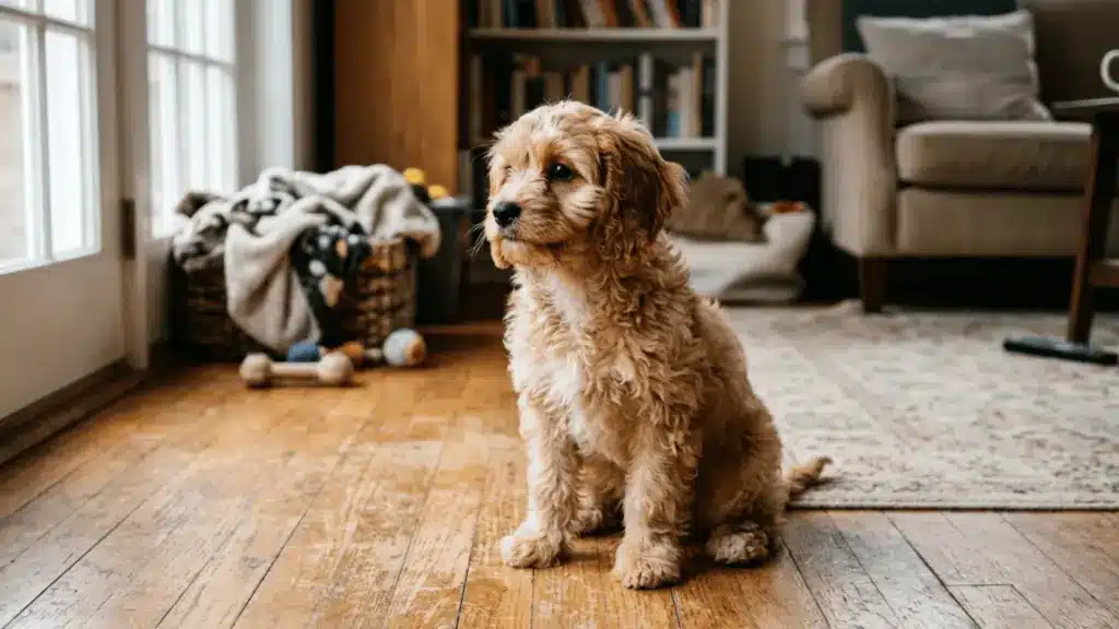A Cavapoo puppy sitting on a slightly worn wooden floor in a cozy living room