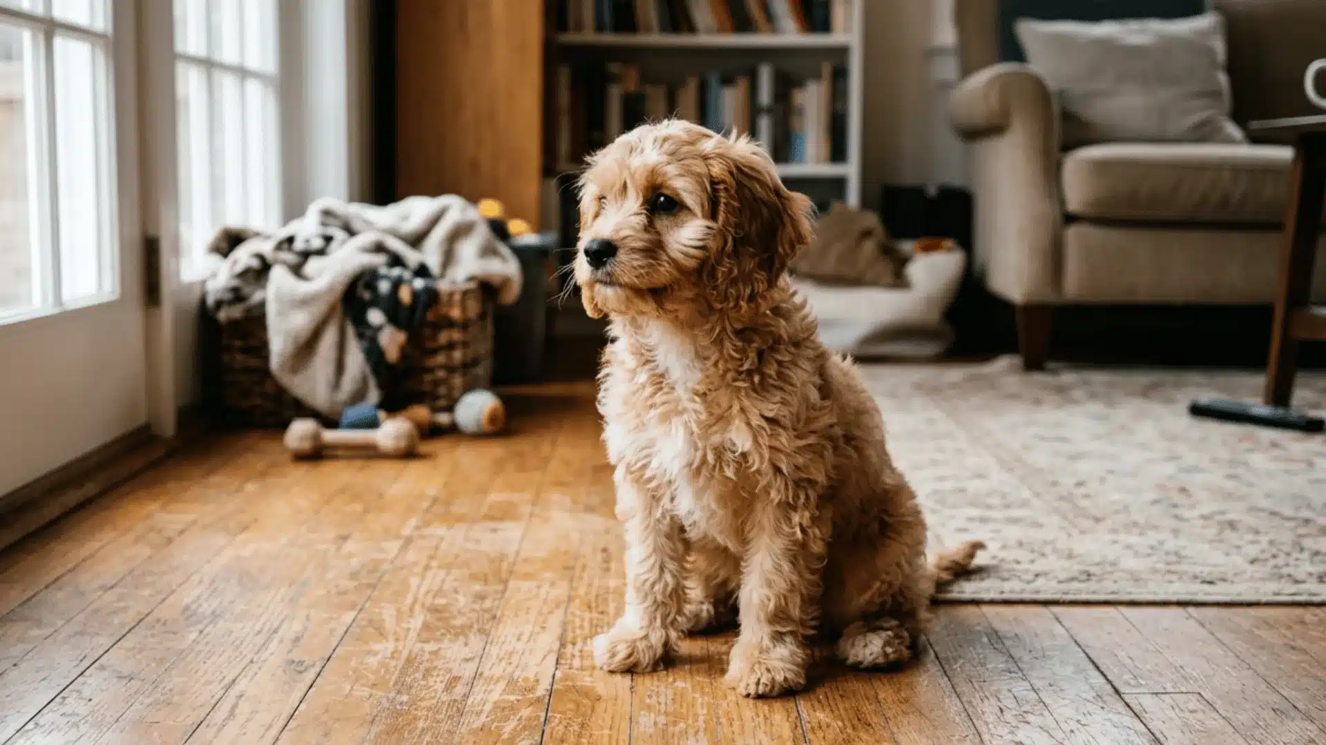 A Cavapoo puppy sitting on a slightly worn wooden floor in a cozy living room