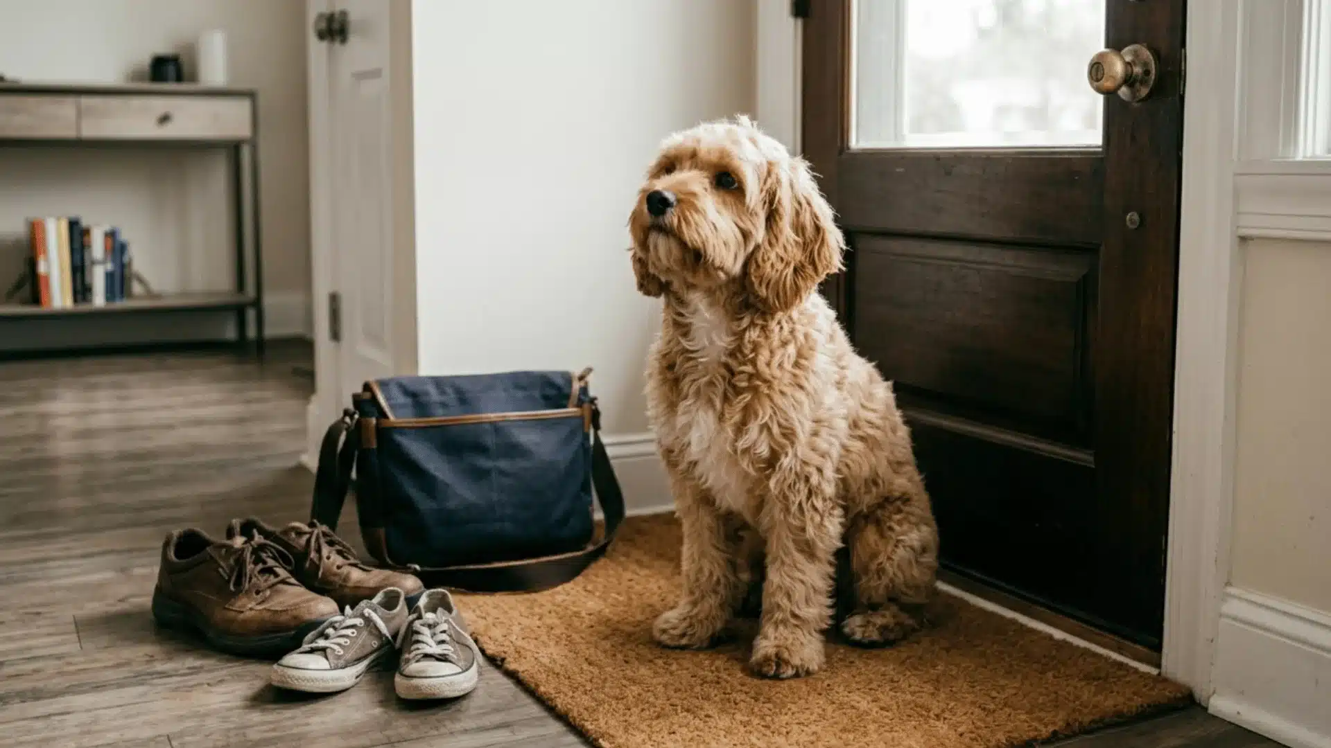 A Cavapoo sitting near a front door looking slightly curious and calm