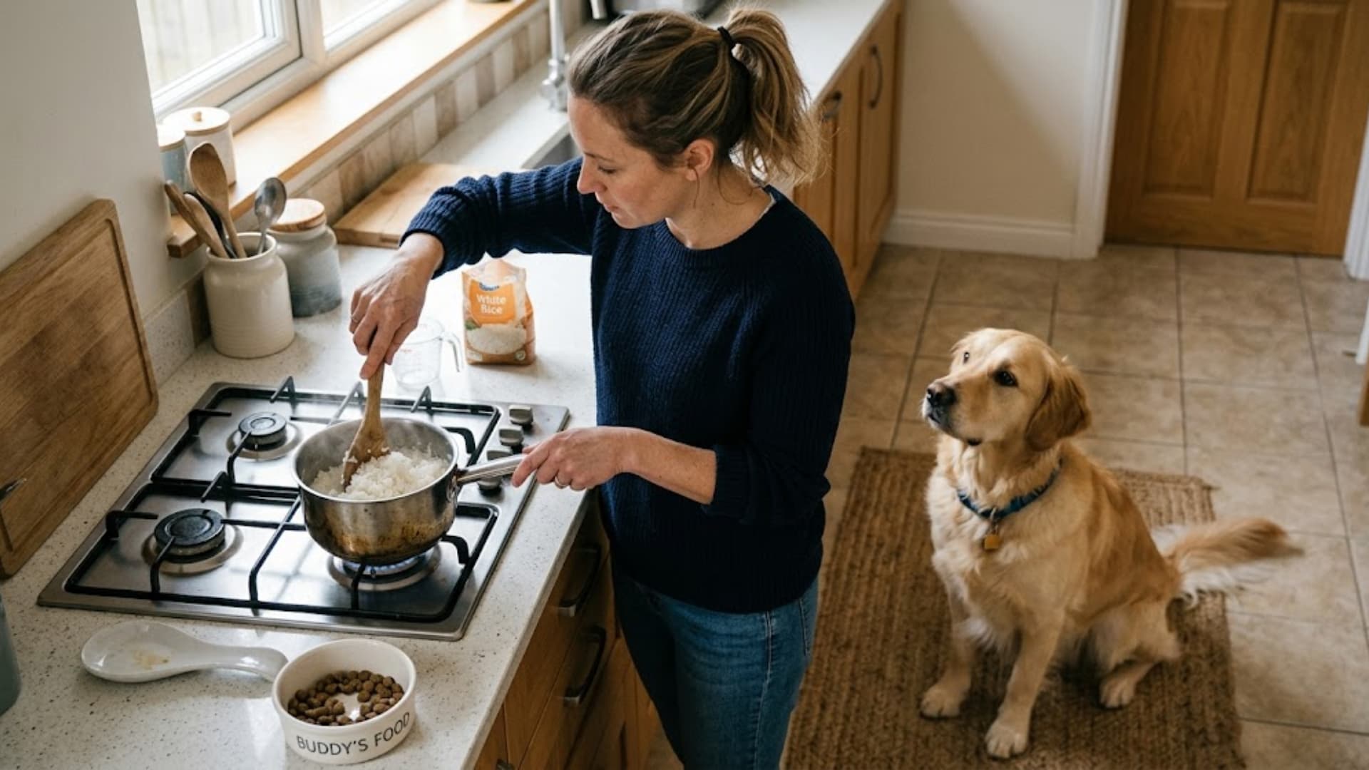A clean, realistic kitchen scene showing a pet owner preparing plain rice for a dog, cooking it until soft, with a dog watching nearby, natural lighting