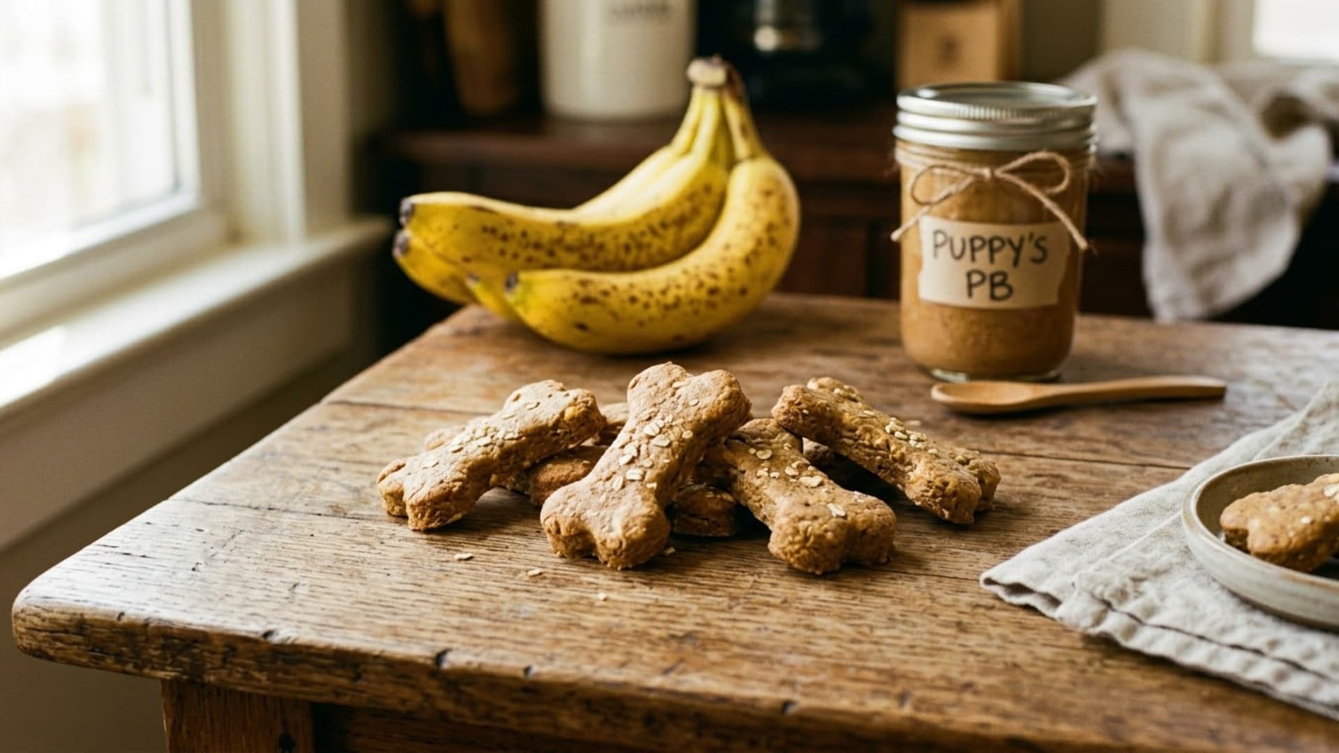 A close-up of homemade peanut butter banana dog treats shaped like bones on a wooden table, with fresh bananas and a jar of peanut butter in the background