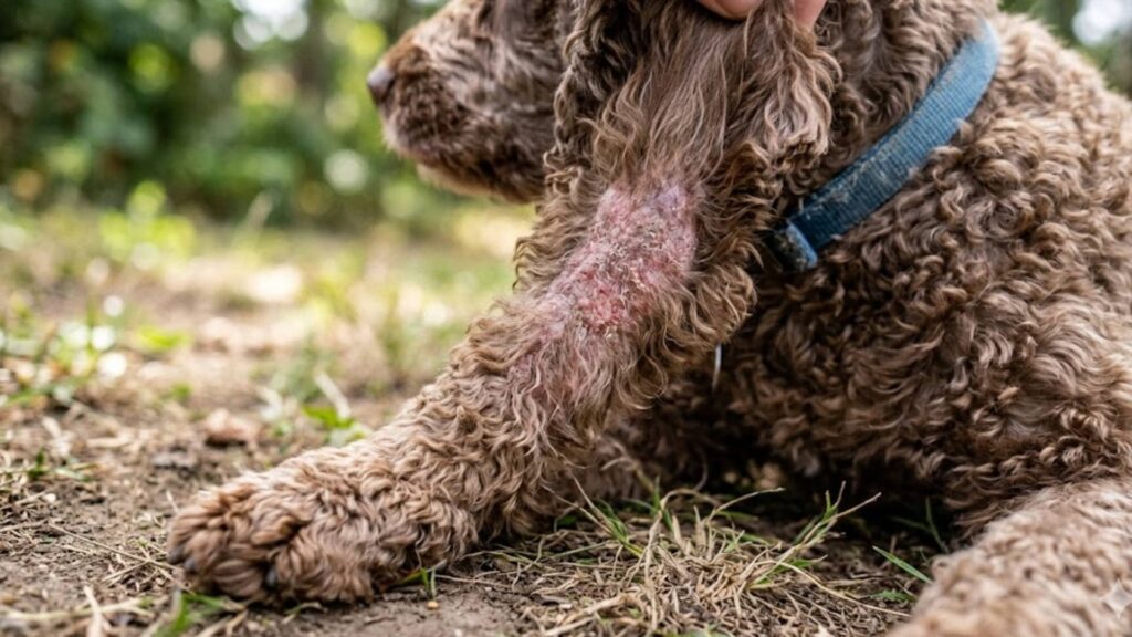 A close-up realistic image of a brown curly-haired dog with a visible dry, irritated patch of skin on its leg