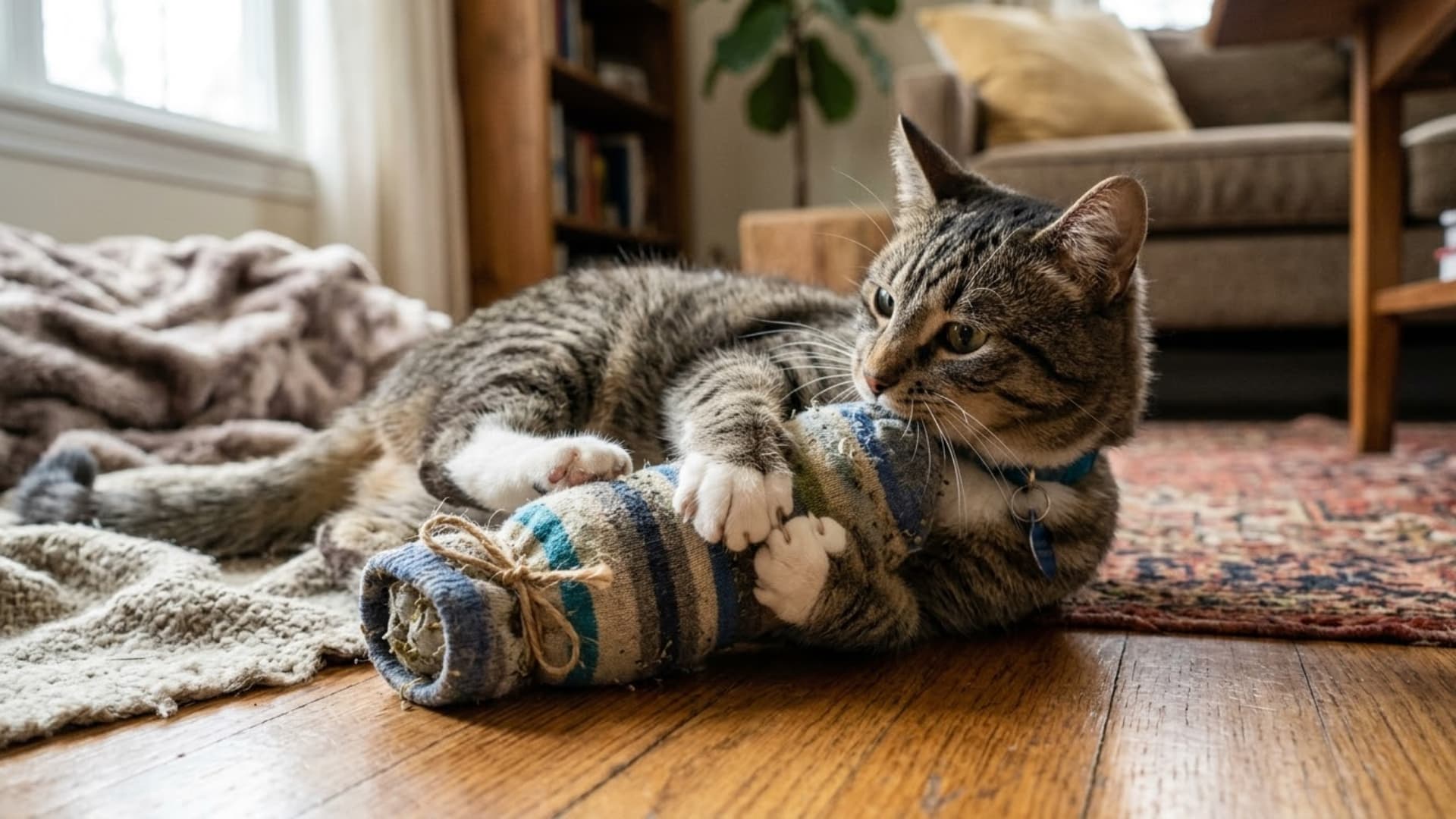 A cute domestic cat playing with a DIY sock catnip toy, the sock slightly stuffed and tied at one end, placed on a cozy indoor floor, soft natural lighting