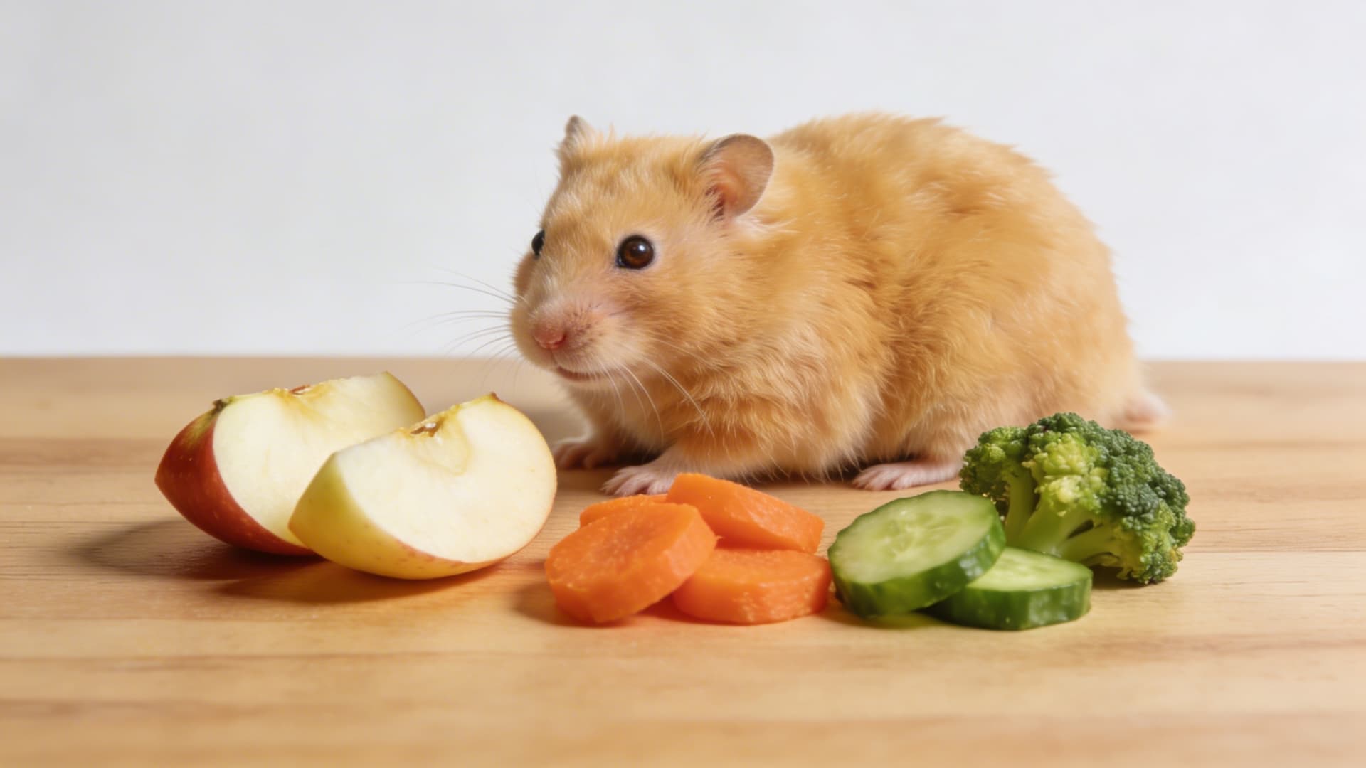 A cute golden hamster sitting beside small portions of fresh fruits and vegetables like apple slices, carrots, cucumber, and broccoli on a clean wooden surface