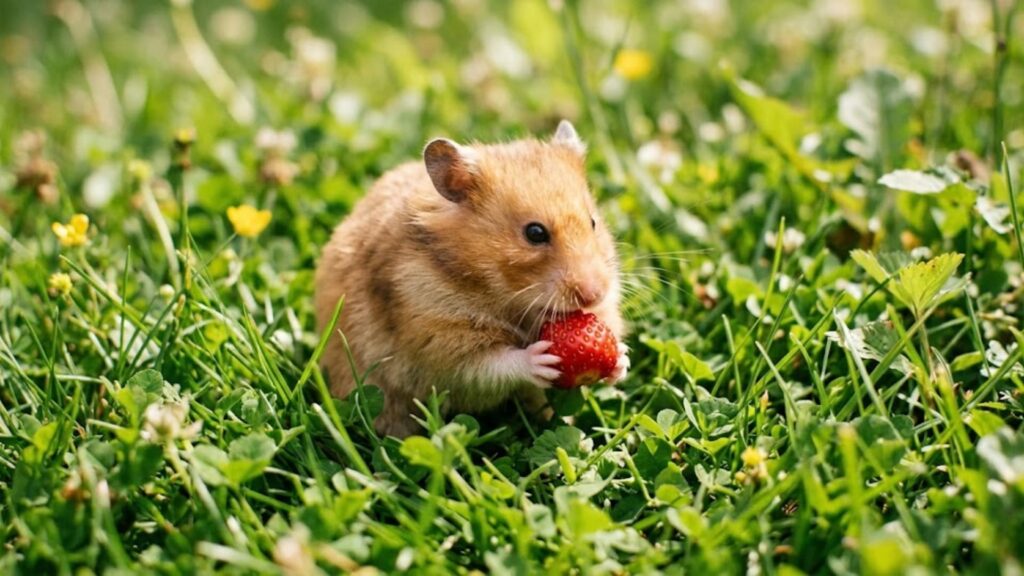A cute golden hamster sitting in fresh green grass outdoors, holding and nibbling on a ripe red strawberry, natural sunlight