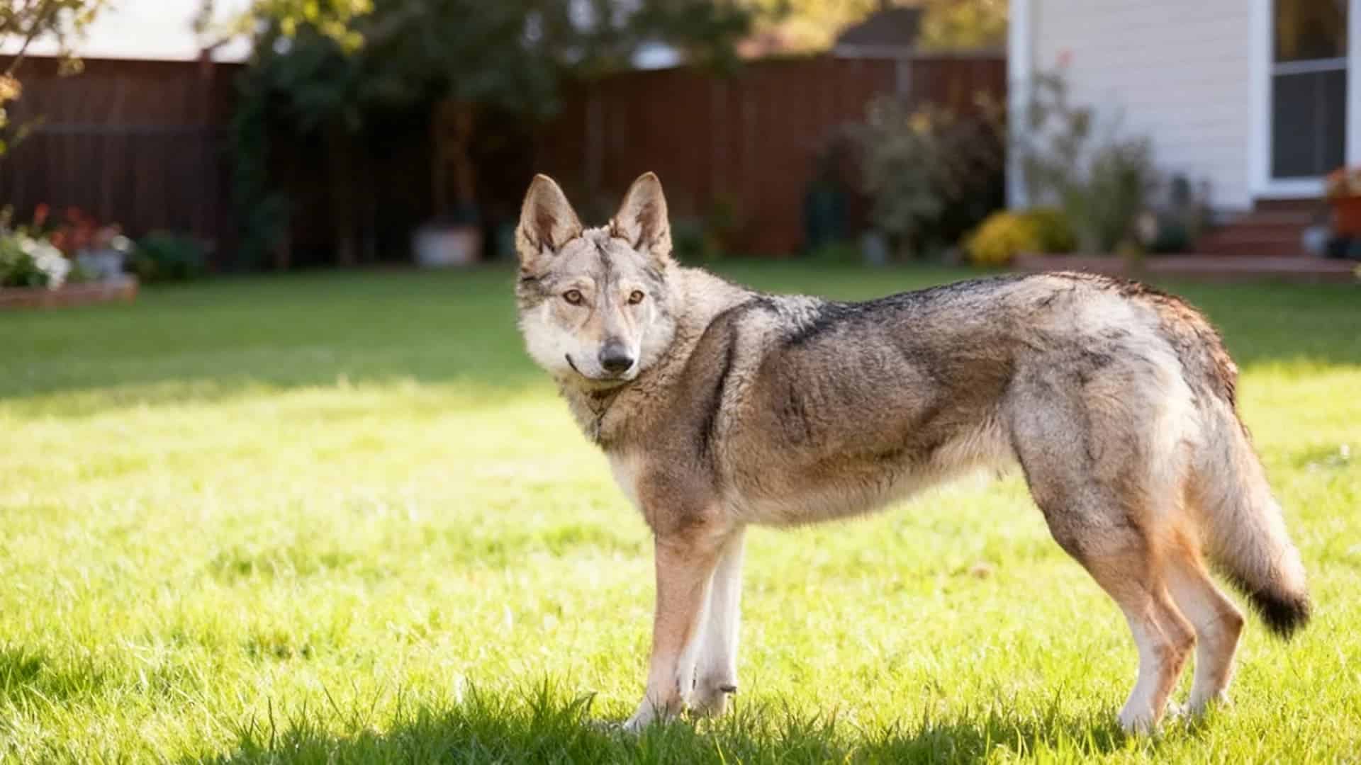 A  Czechoslovakian Vlcak (Wolfdog) stands in a green lawn with its tail curled over its back