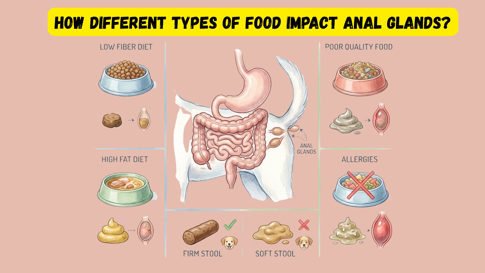 A detailed illustrated infographic showing a dog’s digestive system and anal glands, highlighting how different types of food affect