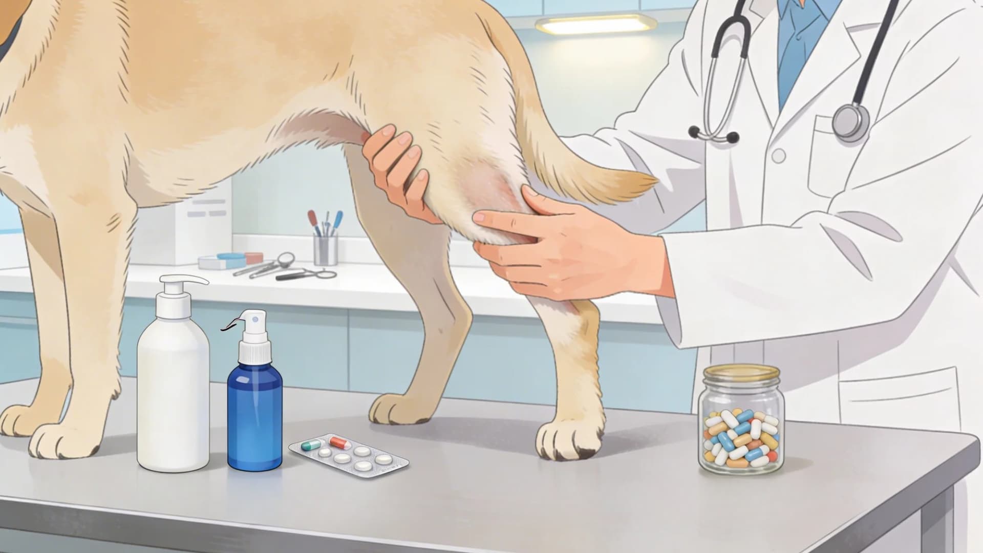 A detailed illustration of a veterinarian examining a dog’s skin in a clinic, with visual elements showing medicated shampoo, prescription spray, pills, and supplements