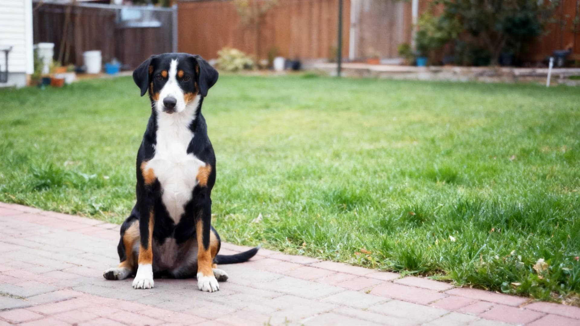 A Entlebucher Mountain Dog in a green lawn with its tail curled over its back