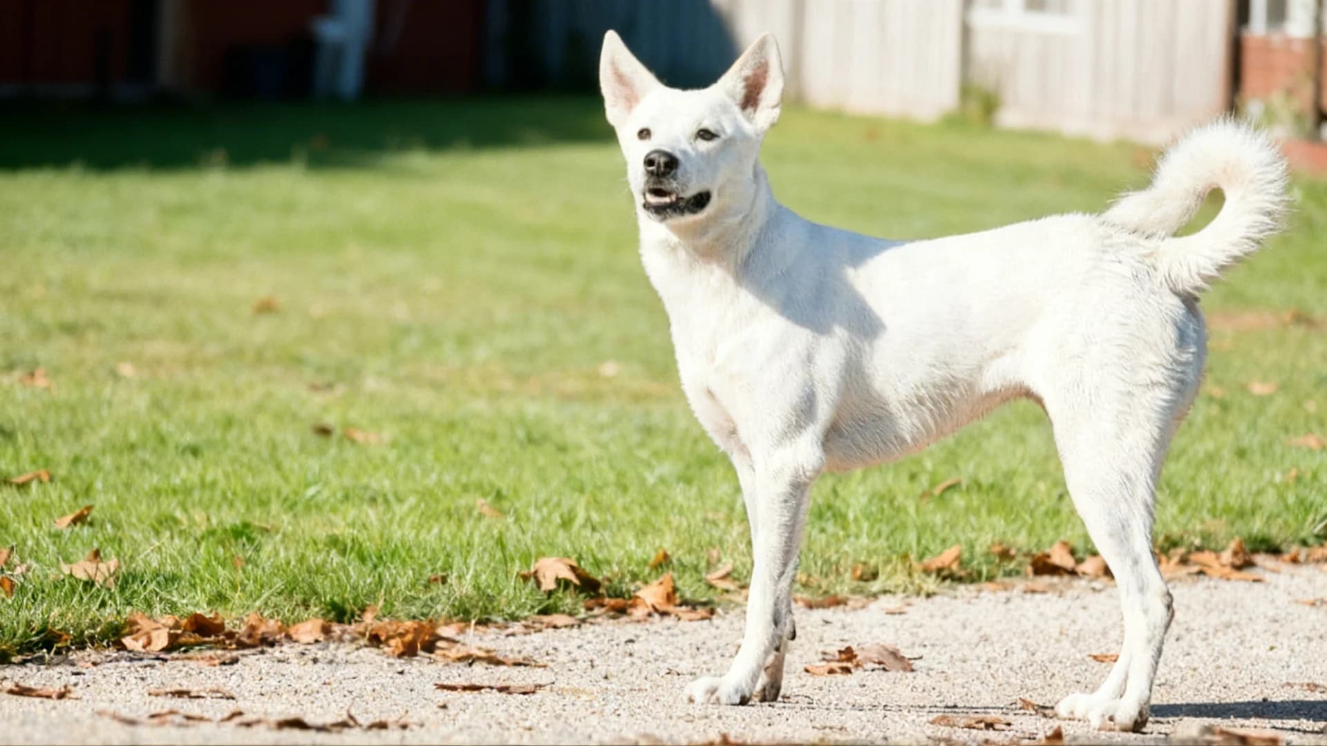 A fluffy, Canaan Dog stands on a green lawn with its tail curled over its back