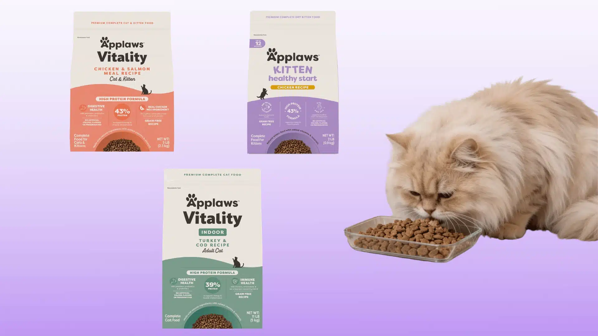A fluffy cat eats dry food next to three bags of Applaws Vitality cat food on a purple gradient background.