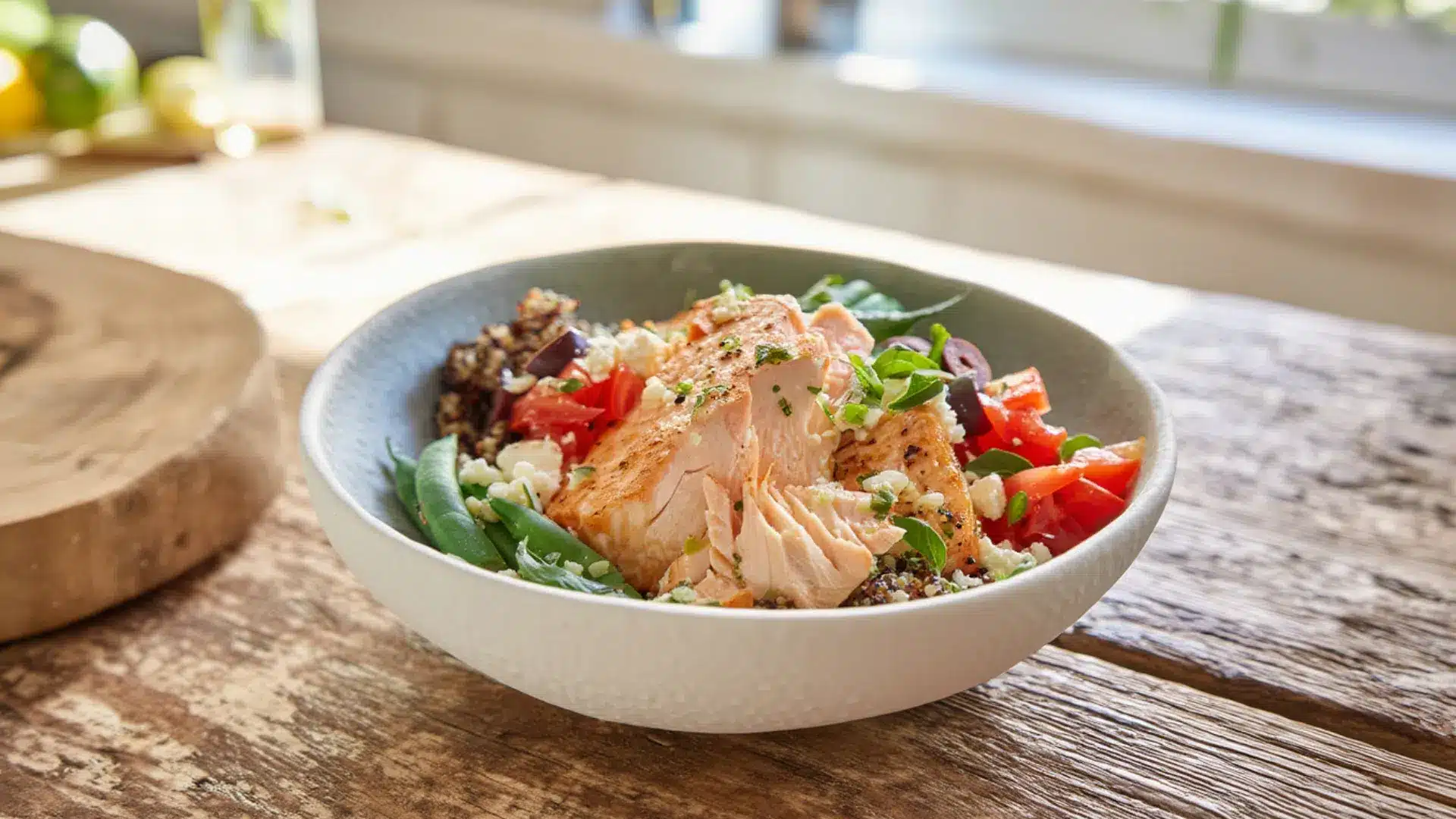 A fresh Mediterranean salmon bowl with quinoa, tomatoes, and greens on a rustic wooden table