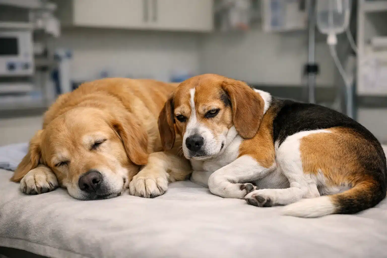 A golden retriever and a beagle lying side-by-side on a veterinary exam table, looking tired and resting.