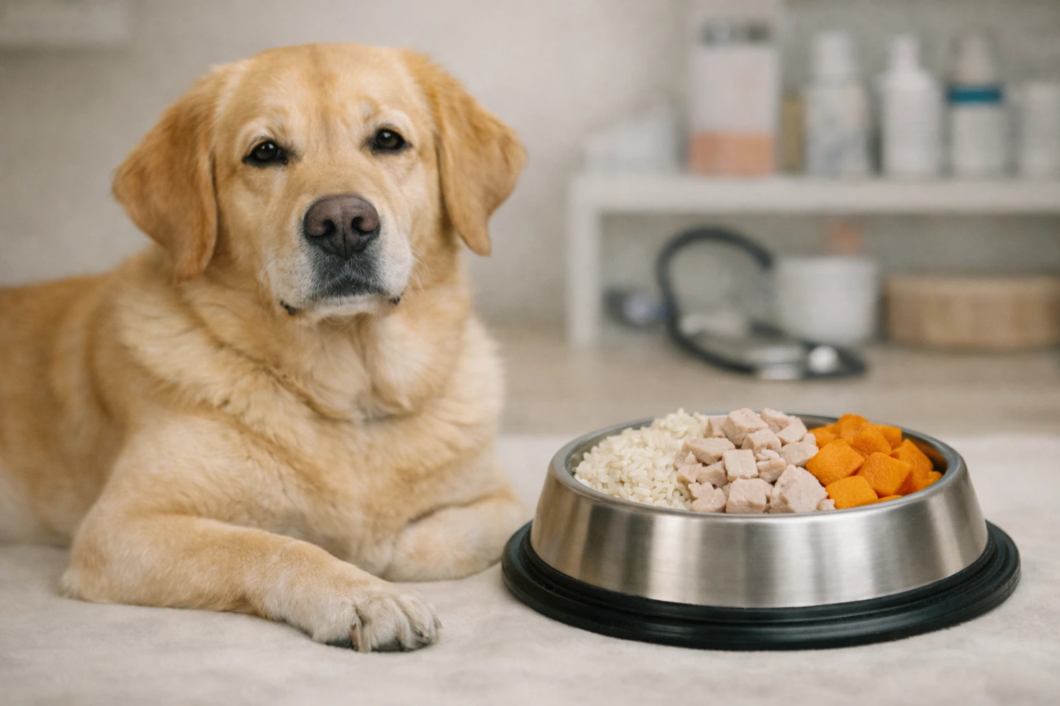 A golden retriever sitting behind a bowl of white rice, cooked chicken, and orange carrots.