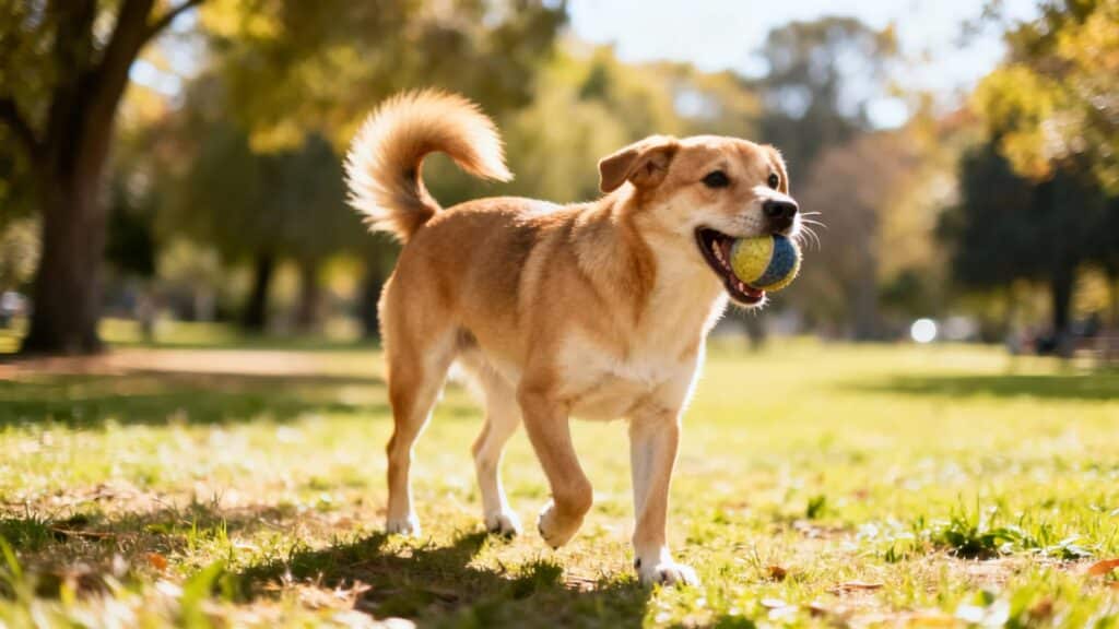 A happy dog with a ball in its mouth in a sunny park, natural lighting, realistic photography, shallow depth of field