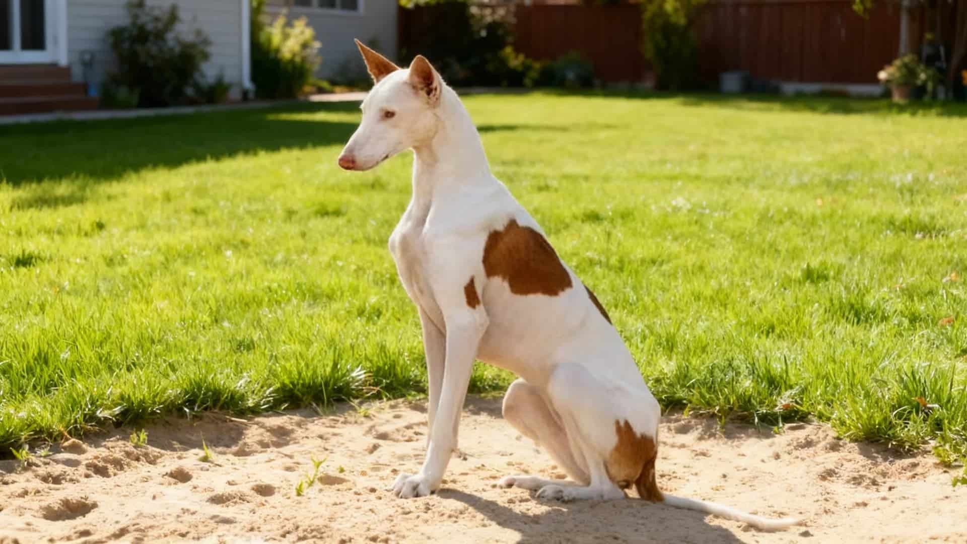 A Ibizan Hound sits in a green lawn with its tail curled over its back