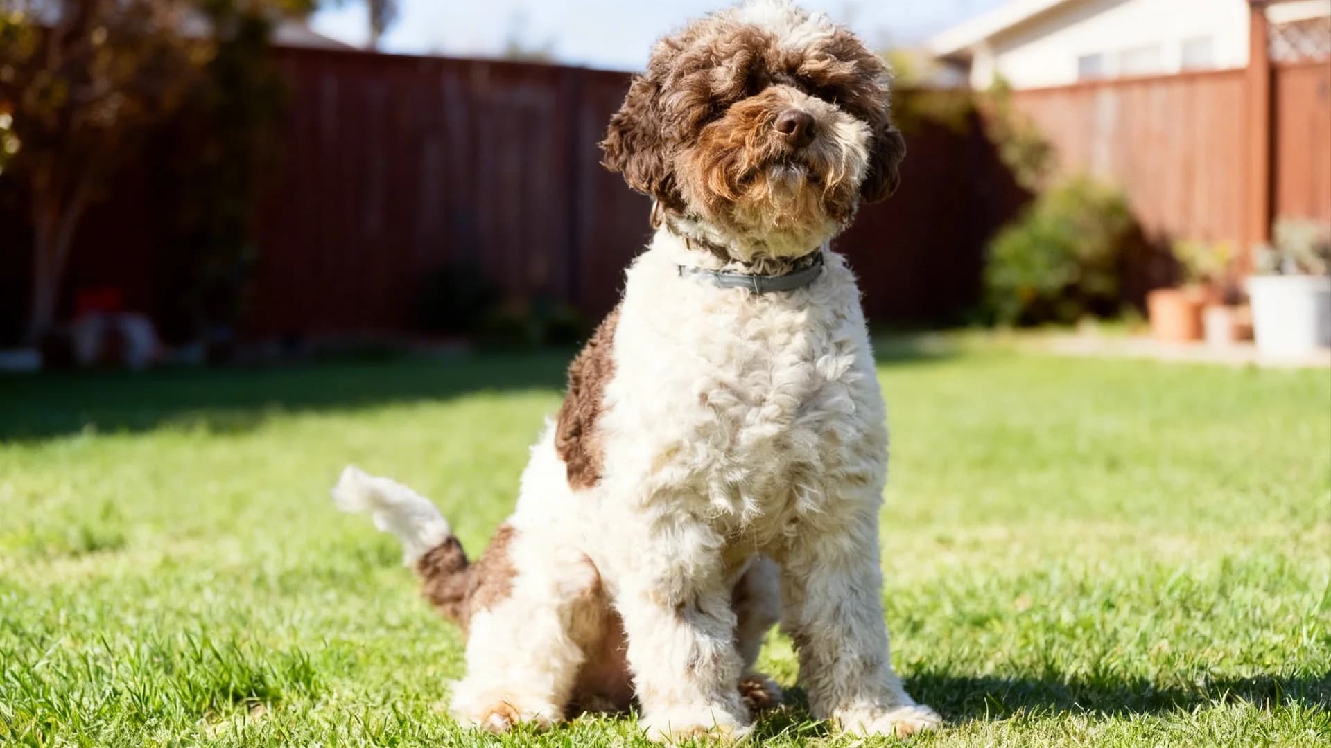 A Lagotto Romagnolo sits in a green lawn with its tail curled over its back