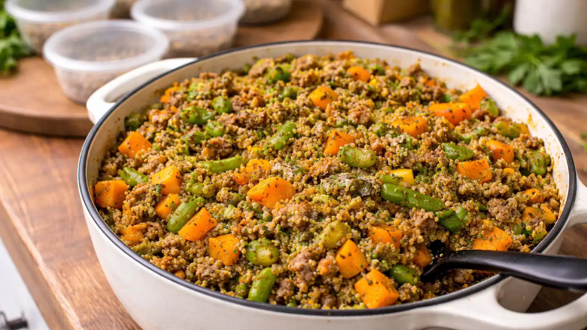 A large skillet of ground meat, quinoa, squash, and green beans for meal prep