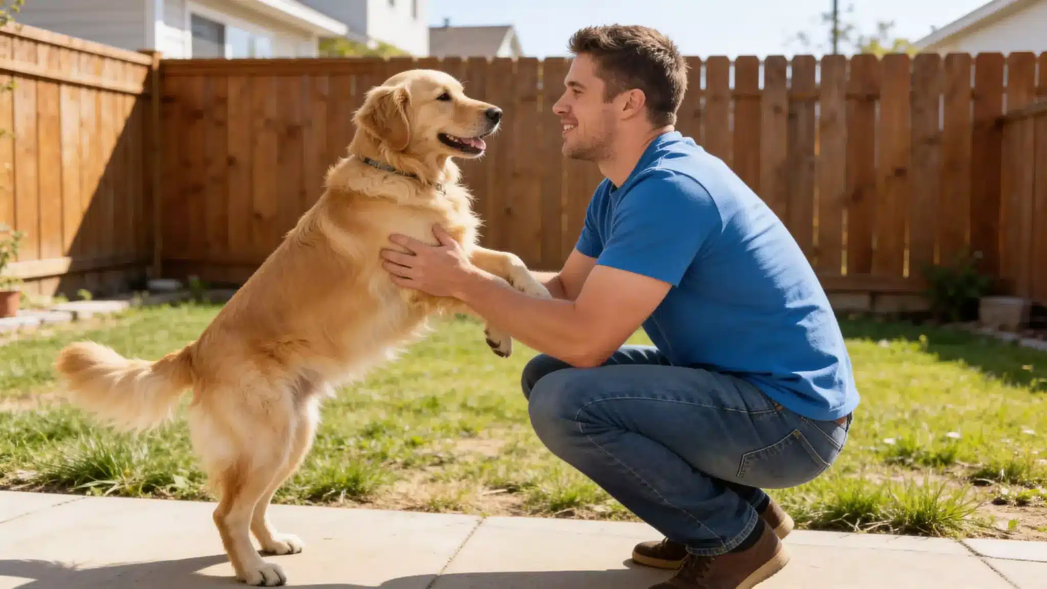 A man crouches in the backyard with a golden retriever, showcasing positive body language during training