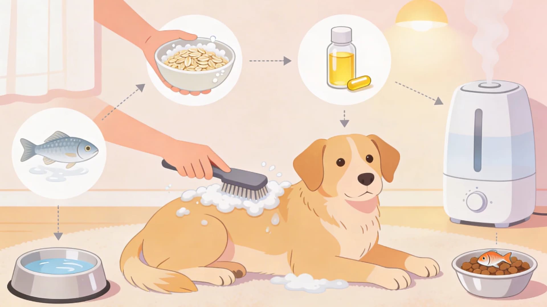A modern flat-style illustration showing multiple dog skincare steps at home a dog being bathed with oatmeal, brushing session