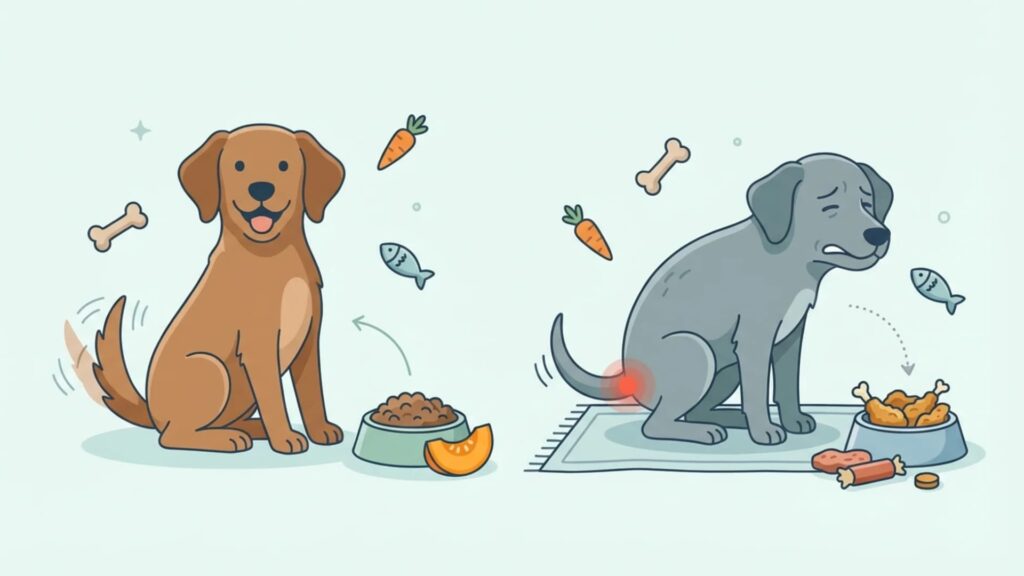 A modern illustrated image of a healthy dog and an uncomfortable dog side by side, highlighting anal gland issues