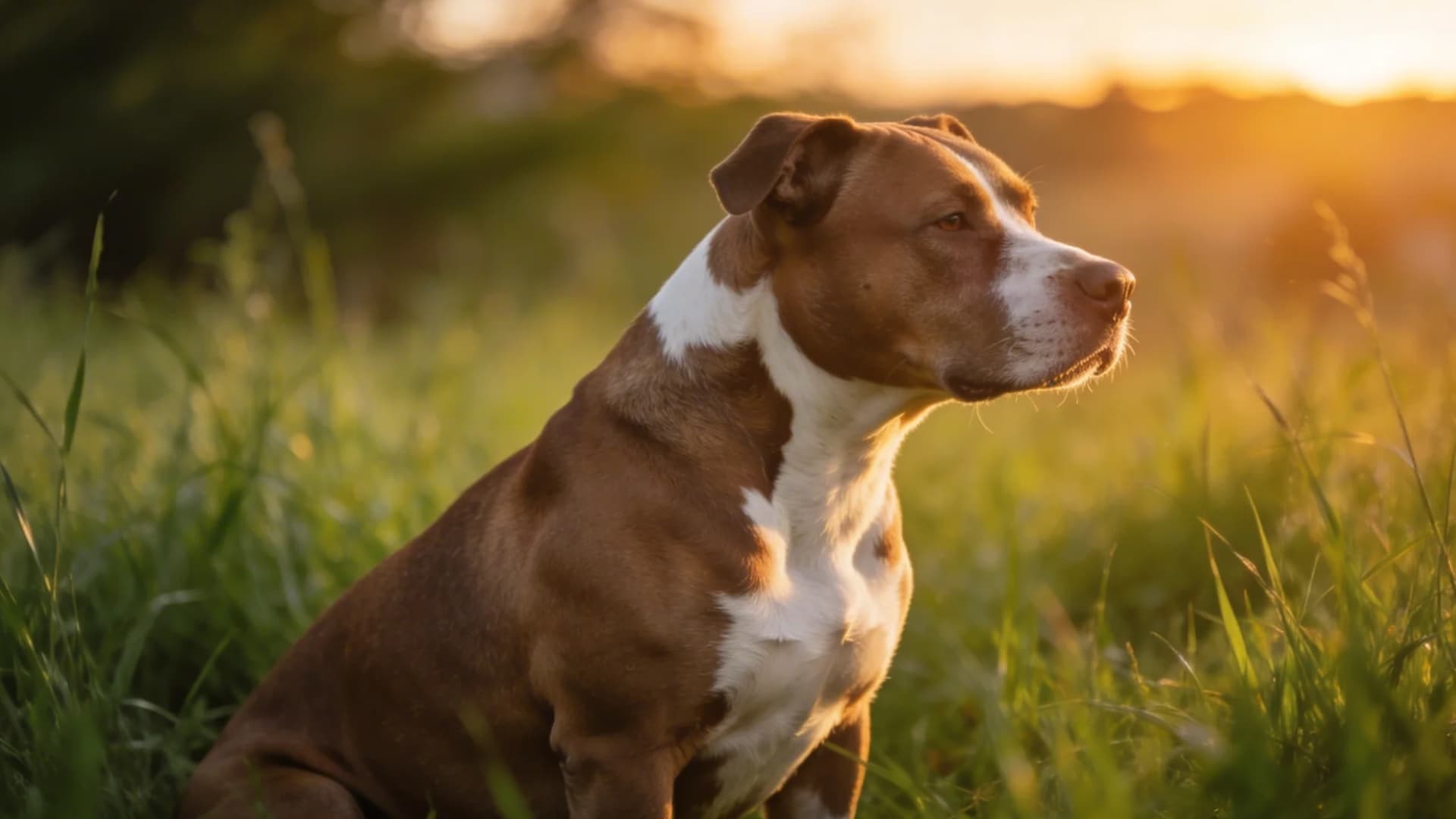 A muscular pitbull dog sitting in tall green grass during golden hour sunset, side profile view, strong chest and shoulders