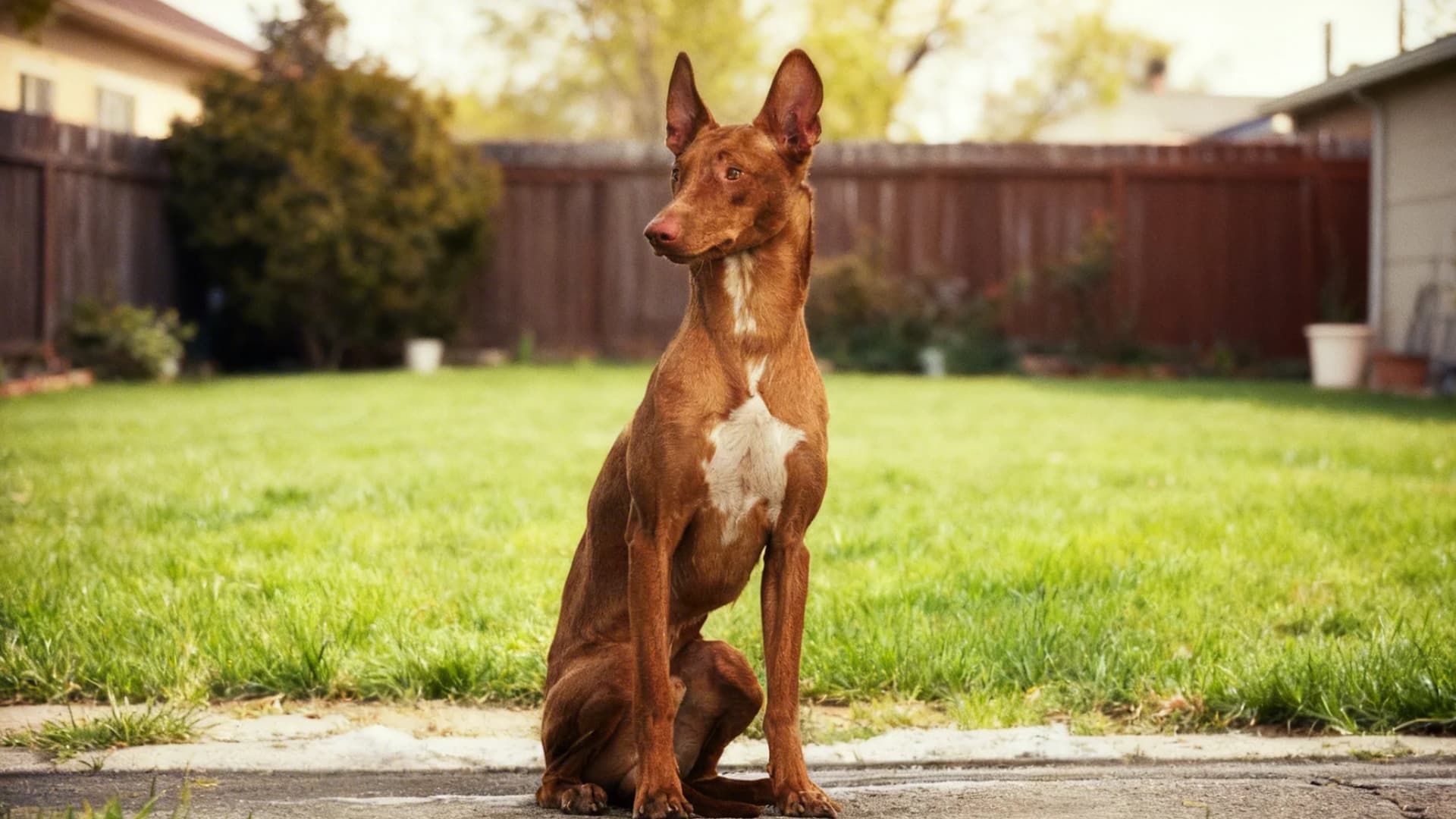 A Pharaoh Hound stands in a green lawn with its tail curled over its back
